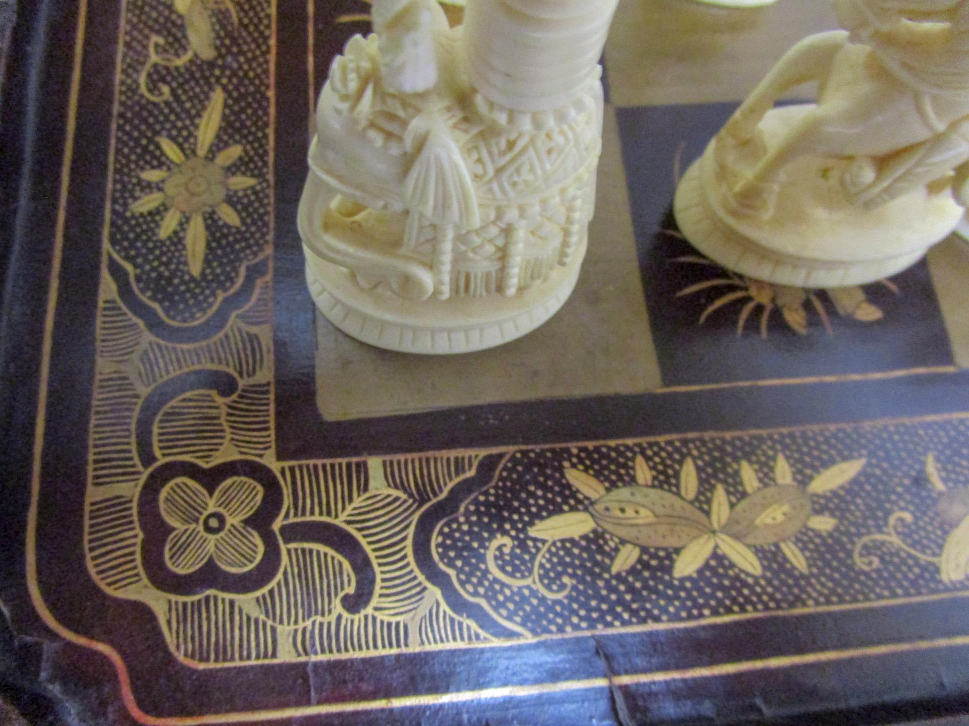 19th Century Chinese Lacquer Giltwood Board Chess Set 2
