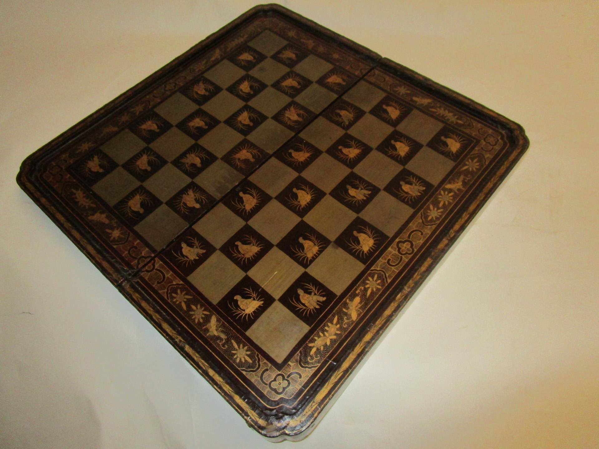 19th Century Chinese Lacquer Giltwood Board Chess Set 4