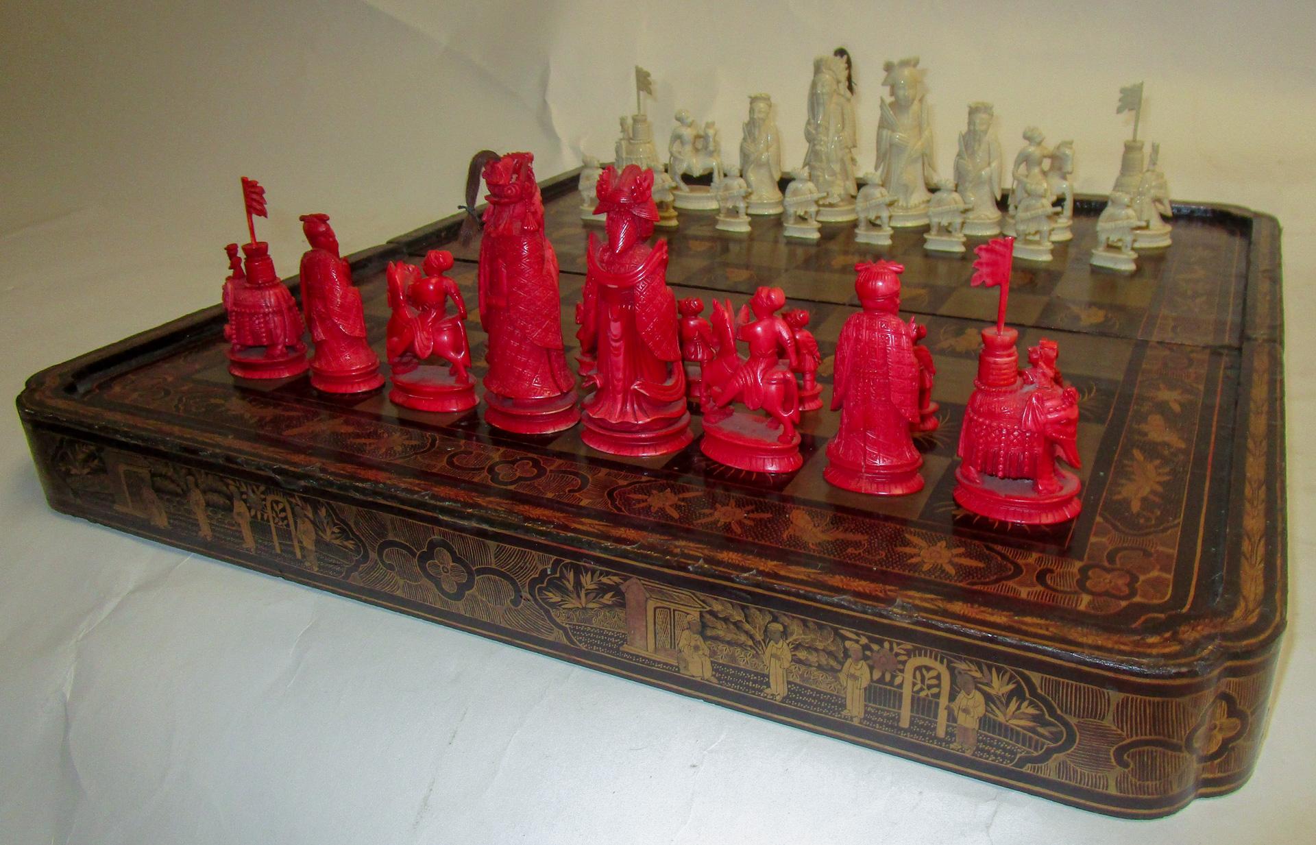 antique chinese hand carved ivory chess set