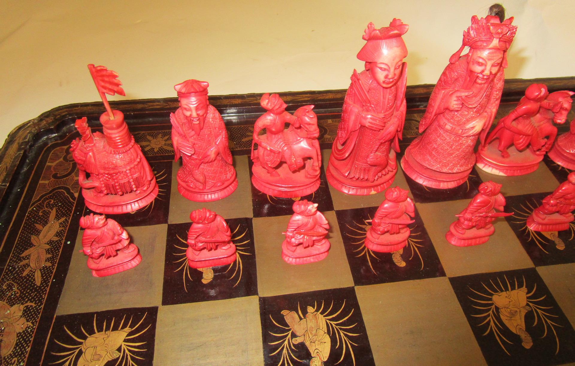 Late 19th Century 19th Century Chinese Lacquer Giltwood Board Chess Set