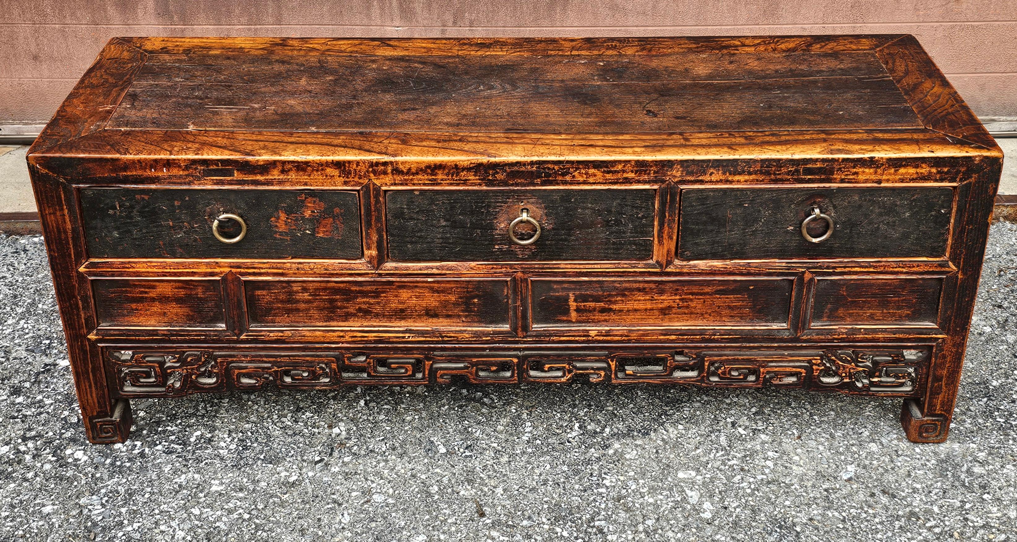 Hand-Crafted 19th C. Chinese Ming Style Elm Coffer / Low Cabinet / Bench For Sale