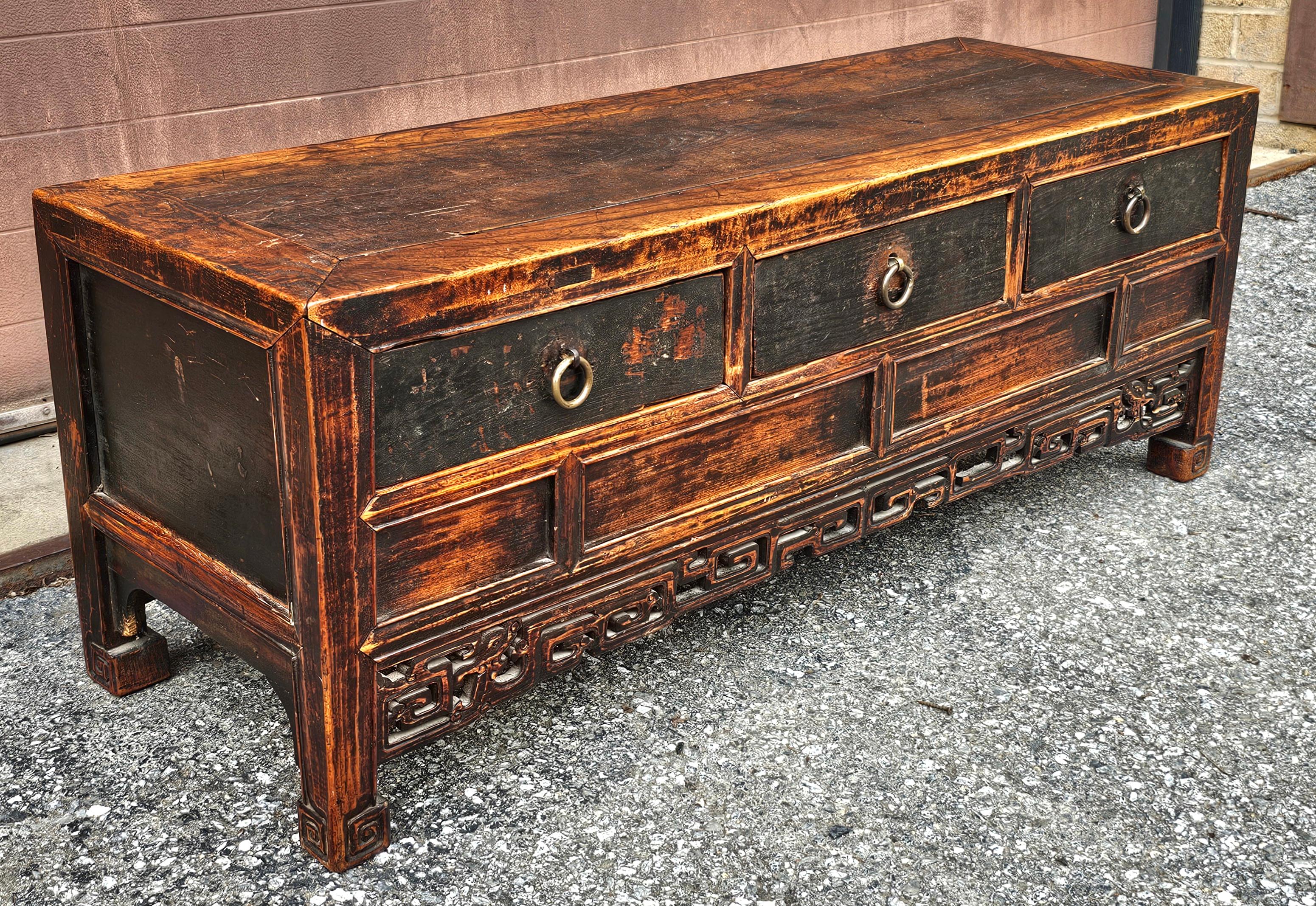 19th C. Chinese Ming Style Elm Coffer / Low Cabinet / Bench For Sale 1