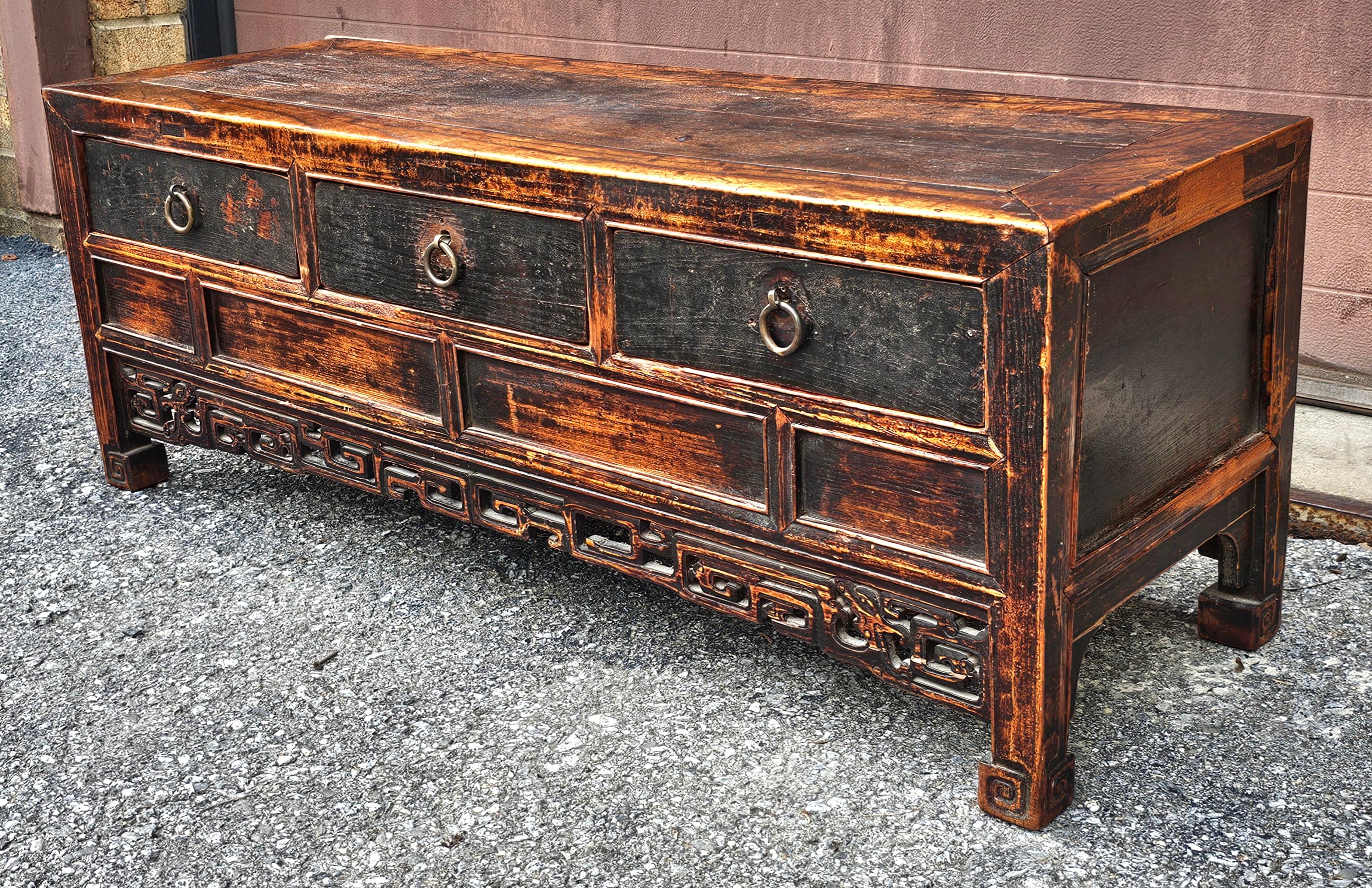 19th C. Chinese Ming Style Elm Coffer / Low Cabinet / Bench For Sale 2