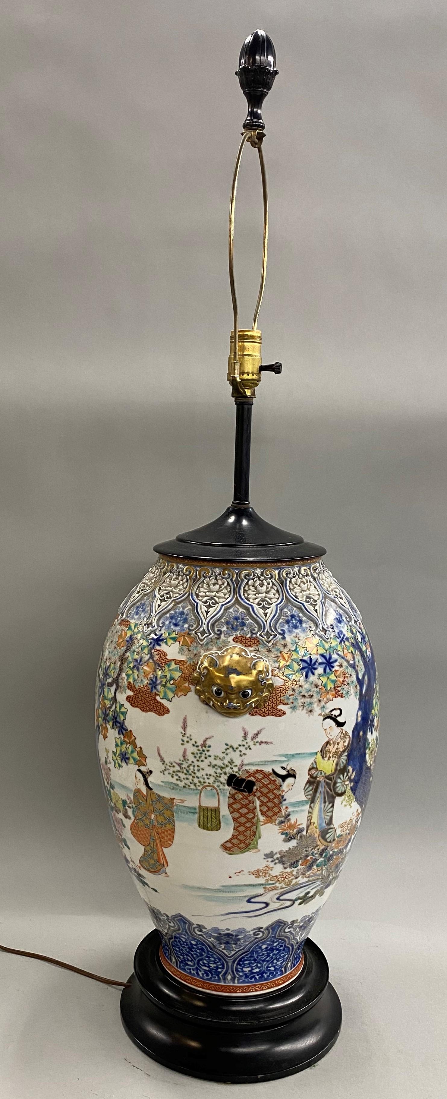 Polychromed 19th C Chinese Polychrome Porcelain Vase Converted to Lamp with Foo Dog Handles