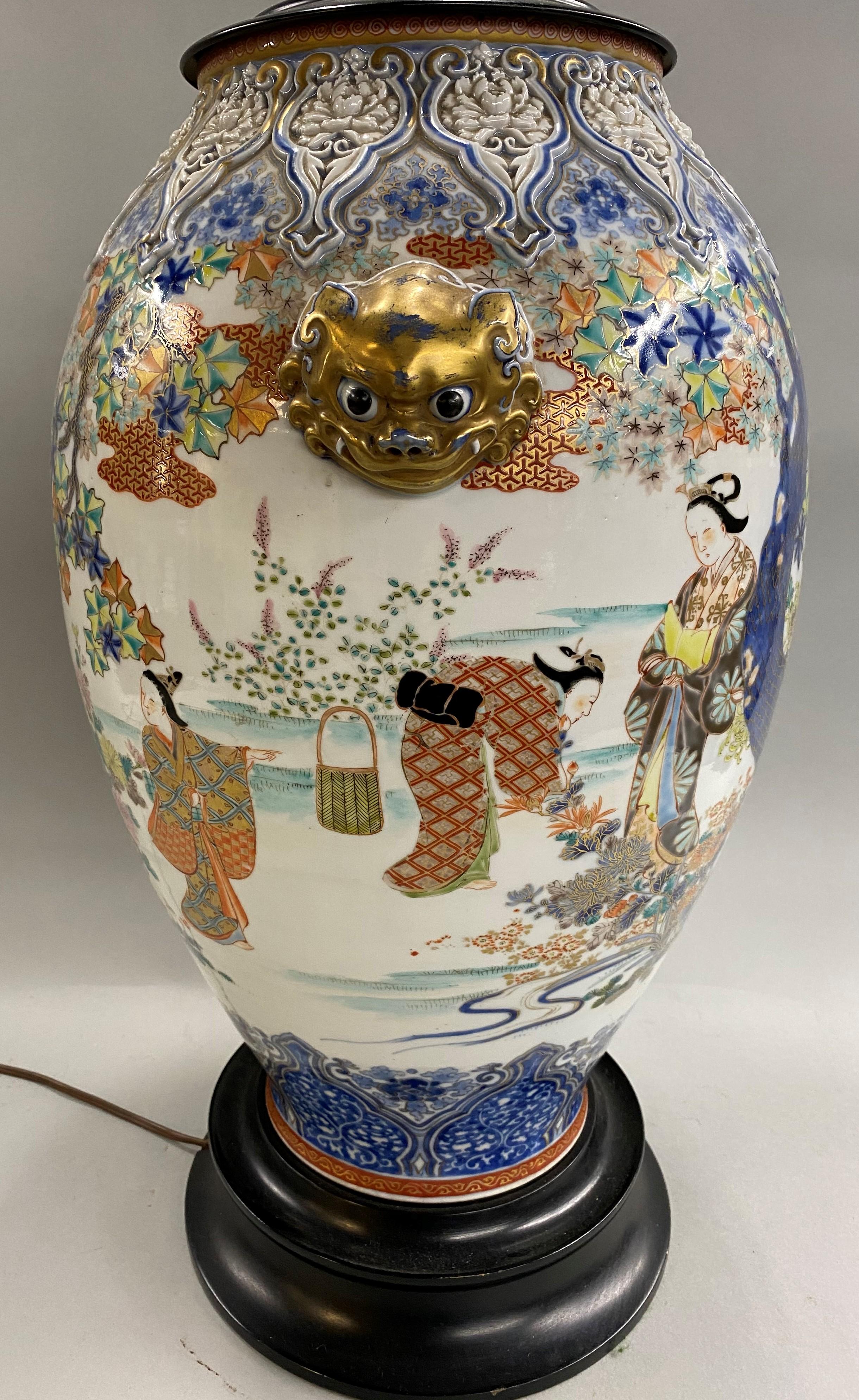 19th C Chinese Polychrome Porcelain Vase Converted to Lamp with Foo Dog Handles In Good Condition In Milford, NH