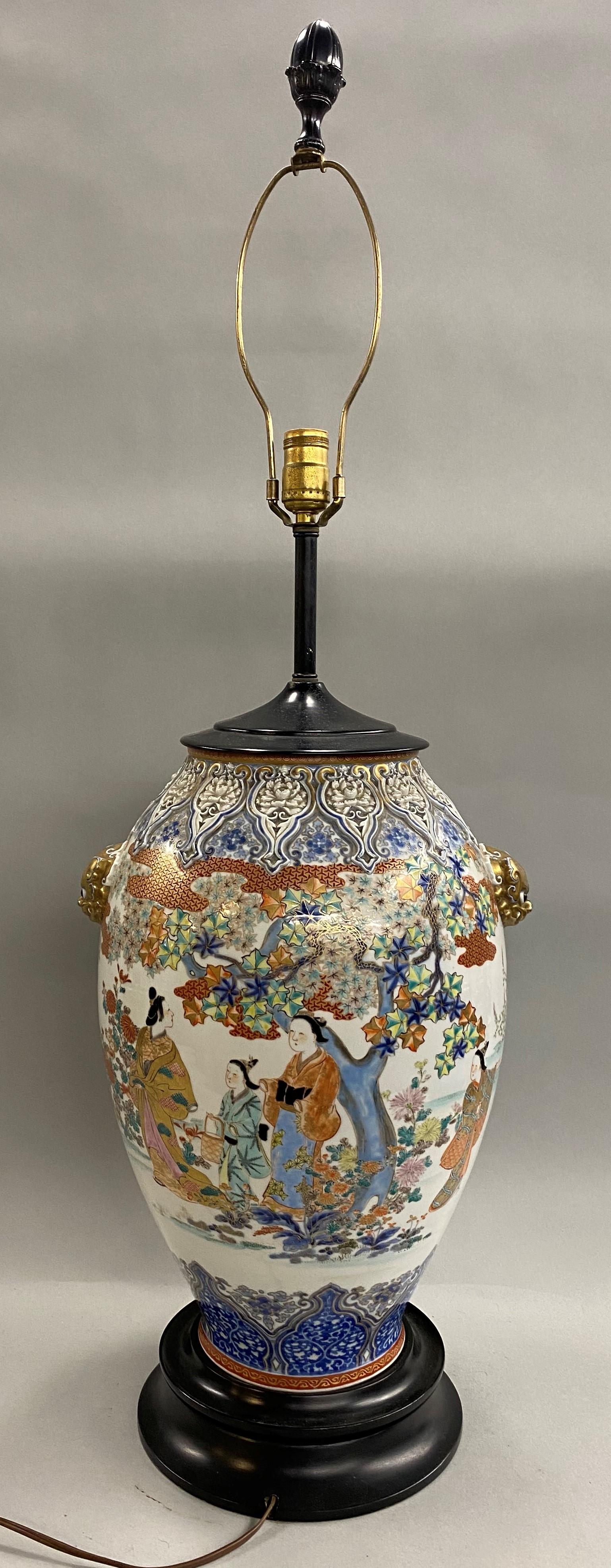 19th Century 19th C Chinese Polychrome Porcelain Vase Converted to Lamp with Foo Dog Handles