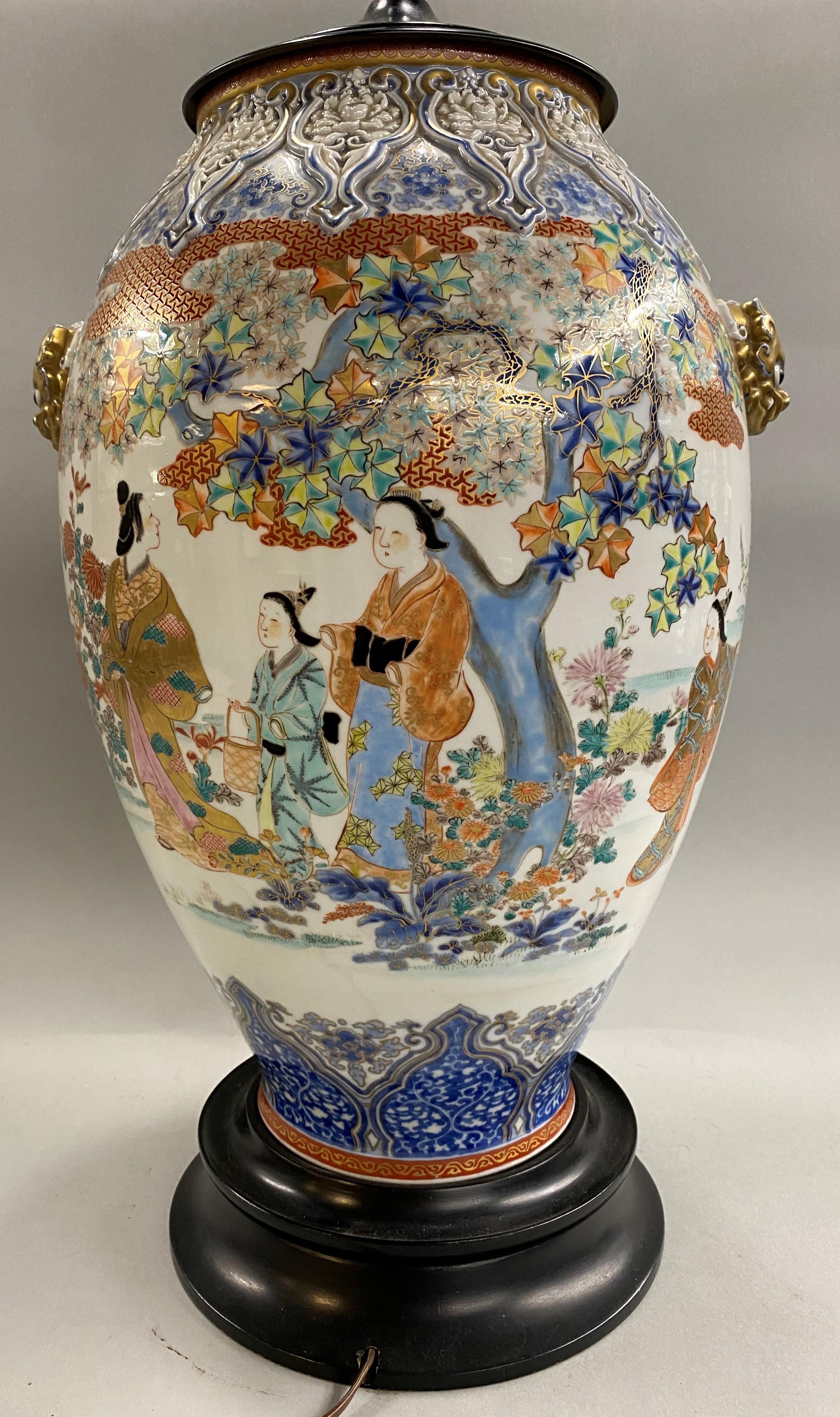 19th C Chinese Polychrome Porcelain Vase Converted to Lamp with Foo Dog Handles 1