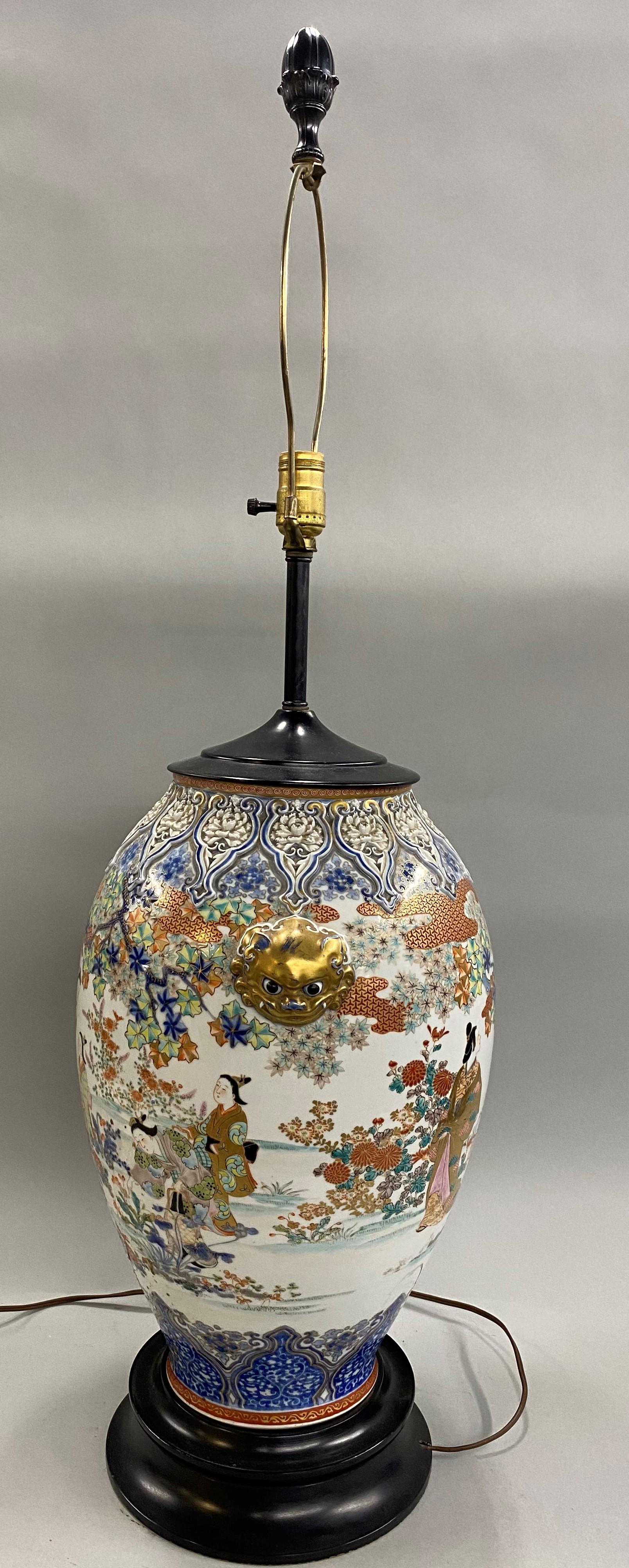 19th C Chinese Polychrome Porcelain Vase Converted to Lamp with Foo Dog Handles 2