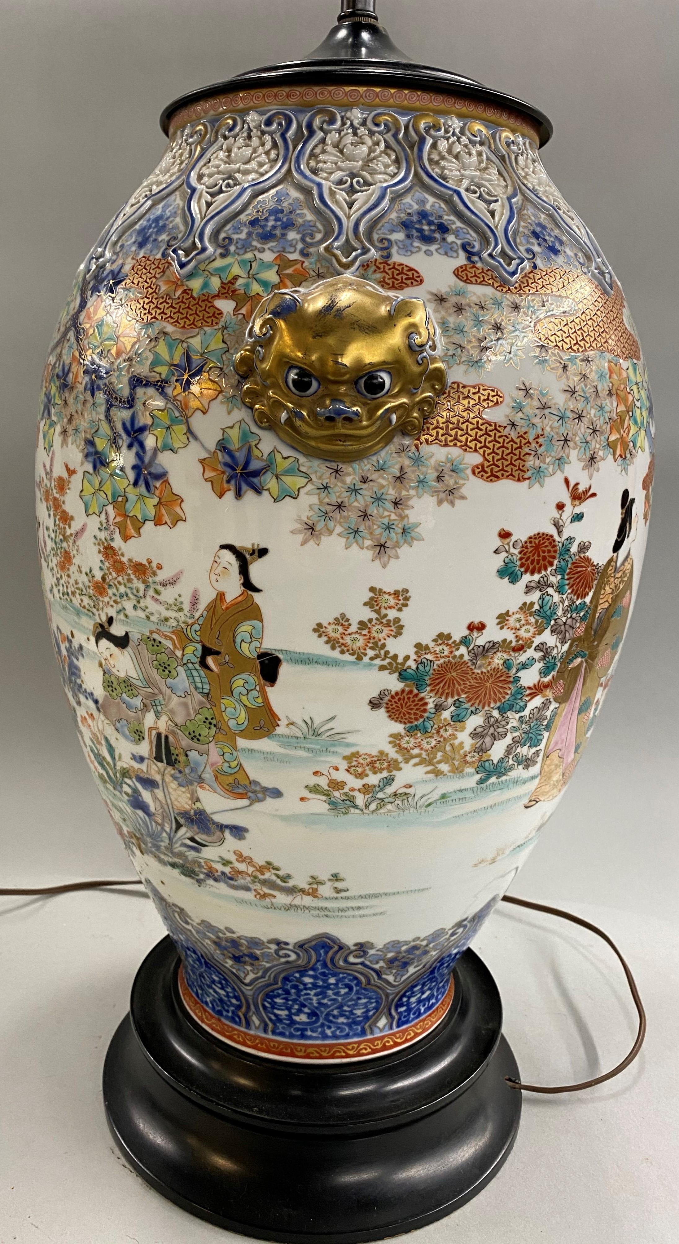 19th C Chinese Polychrome Porcelain Vase Converted to Lamp with Foo Dog Handles 3