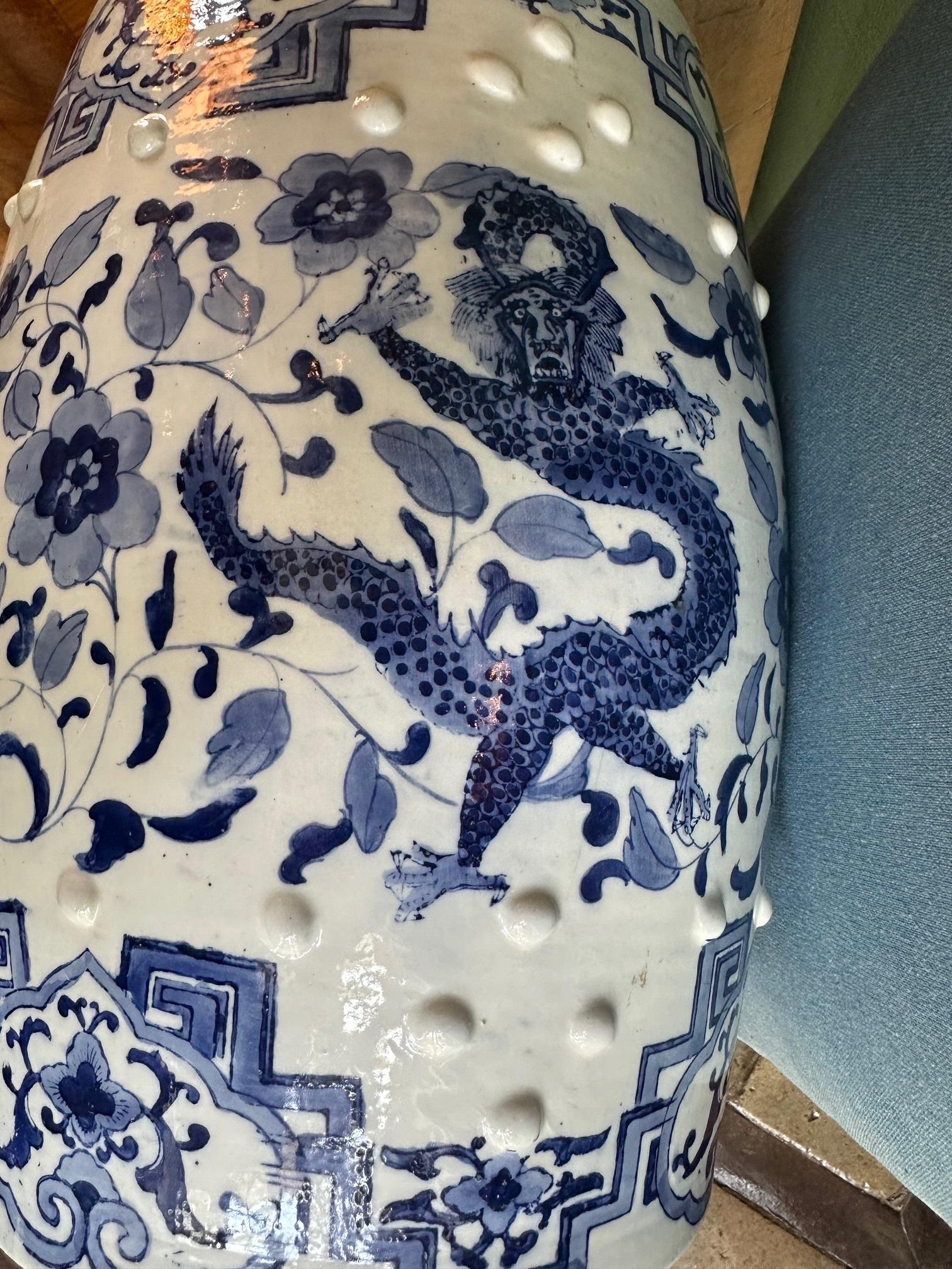 19th C. Chinese Porcelain Garden Seat Blue & White Accent Stool Chinoiserie 5
