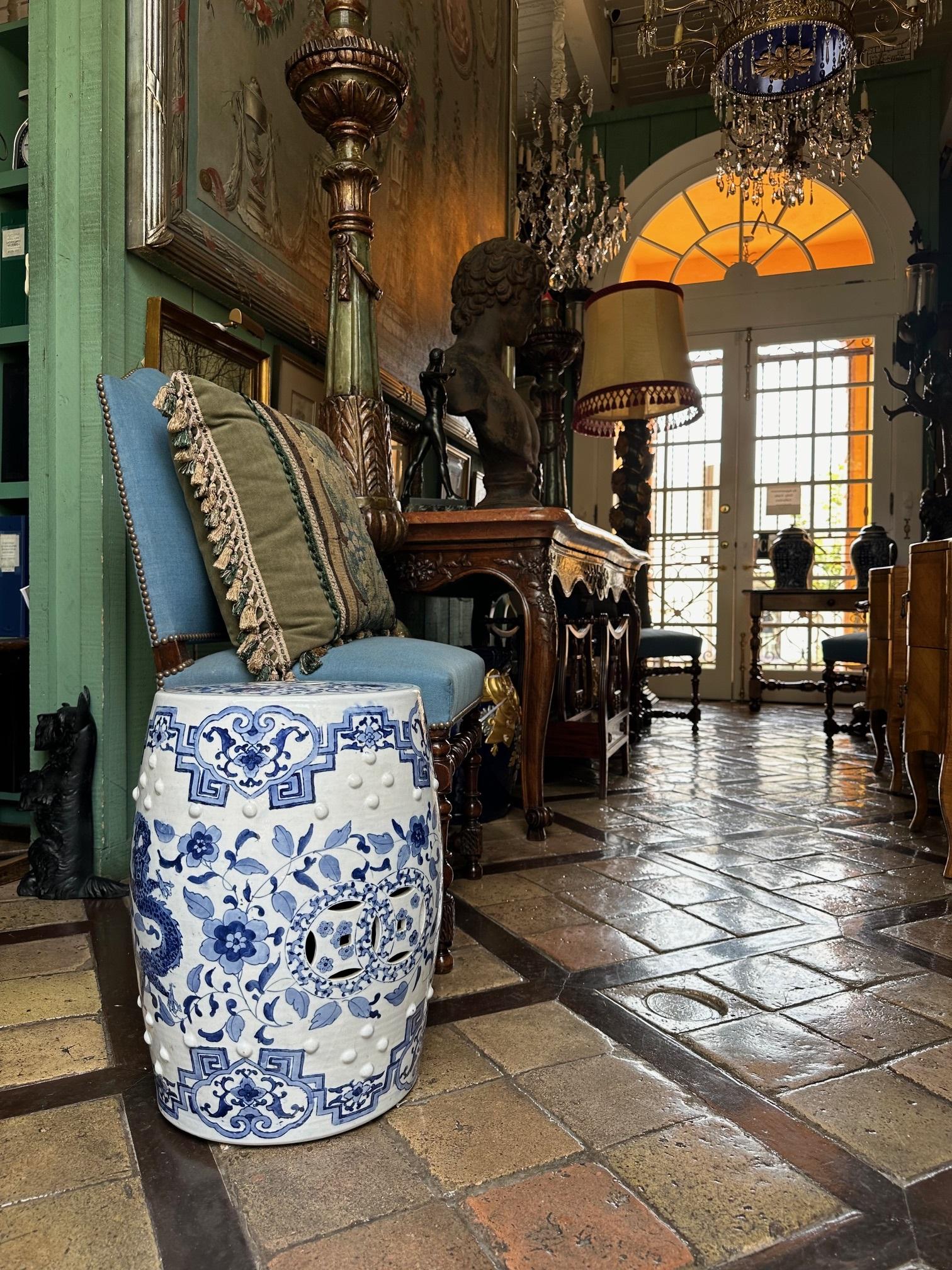 19th C. Chinese Porcelain Garden Seat Blue & White Accent Stool Chinoiserie 6