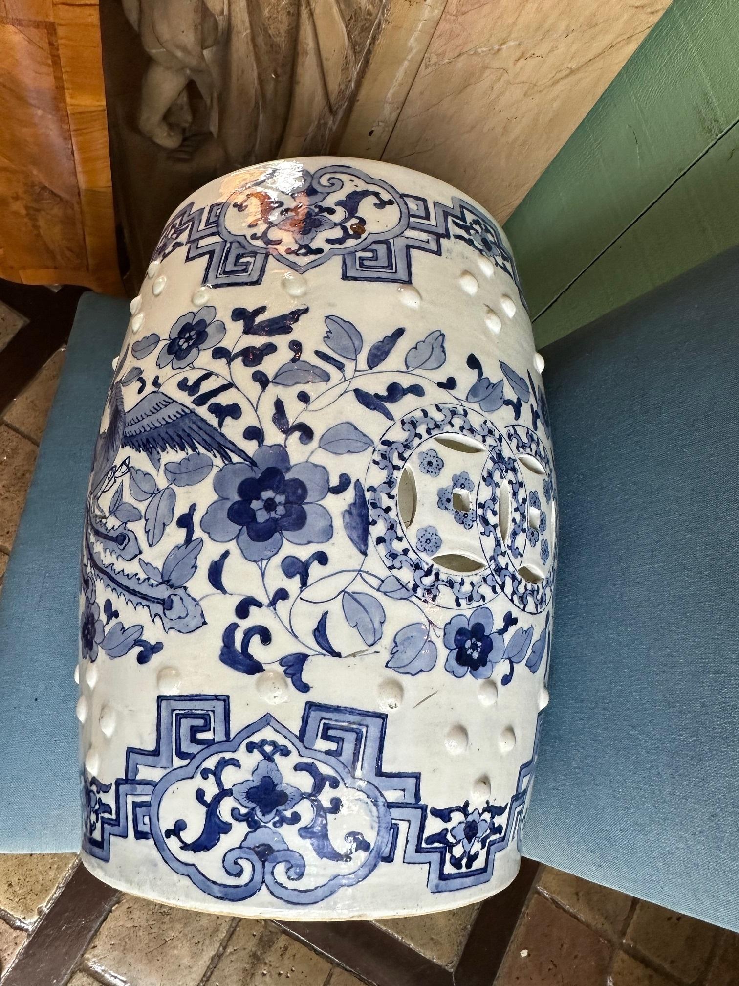19th C. Chinese Porcelain Garden Seat Blue & White Accent Stool Chinoiserie 7