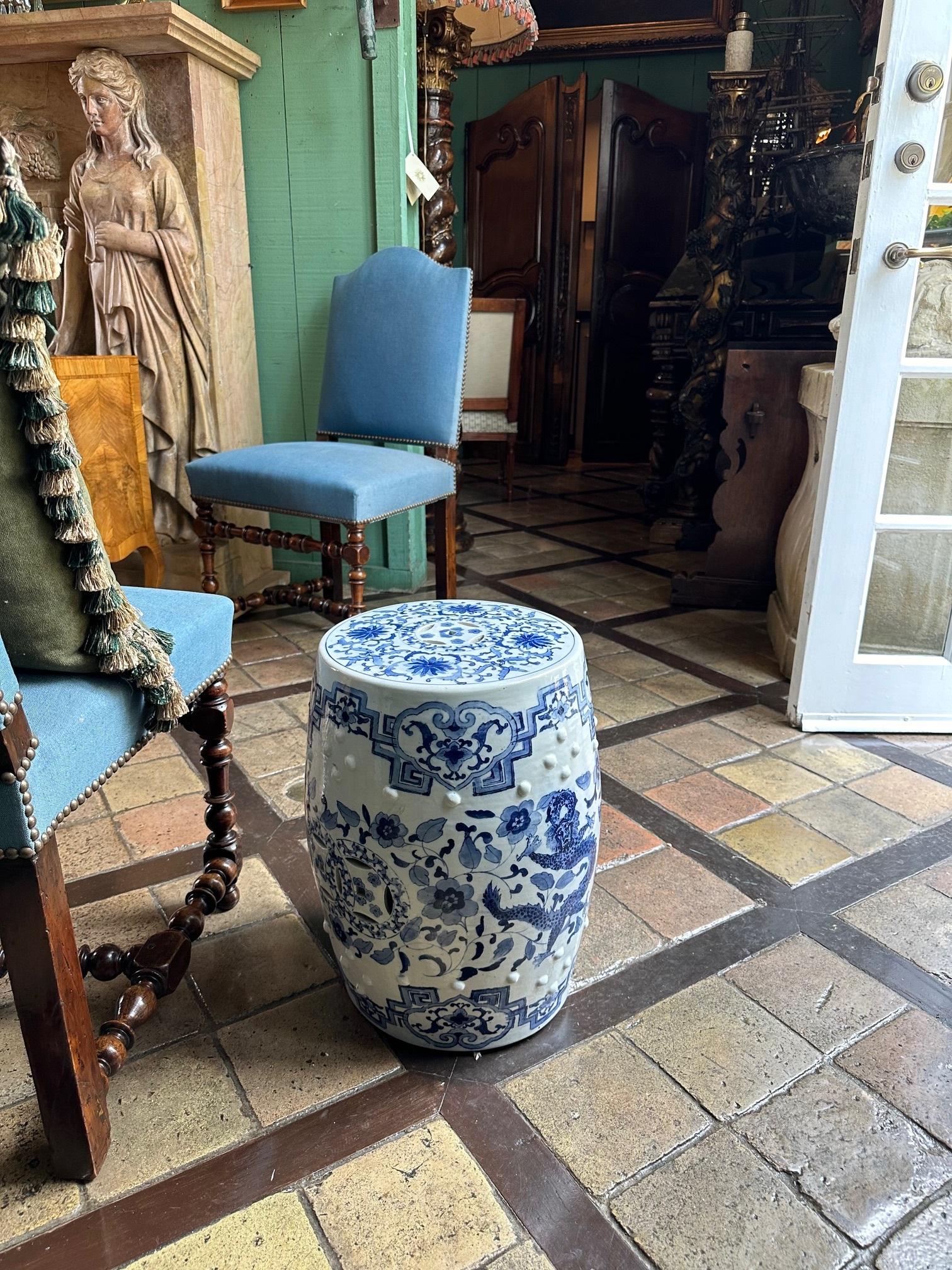 19th C. Chinese Porcelain Garden Seat Blue & White Accent Stool Chinoiserie 8