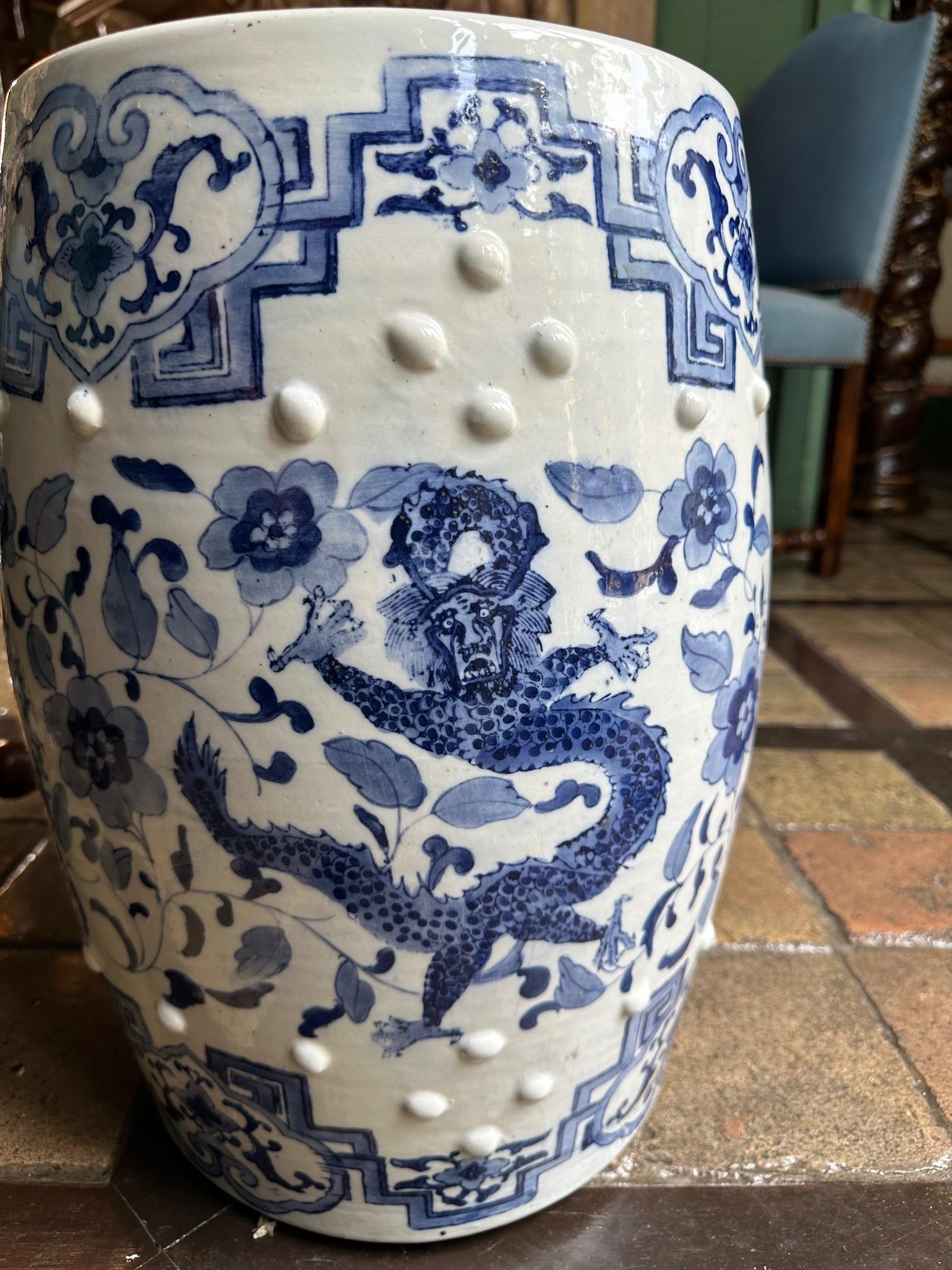 19th C. Chinese Porcelain Garden Seat Blue & White Accent Stool Chinoiserie 9
