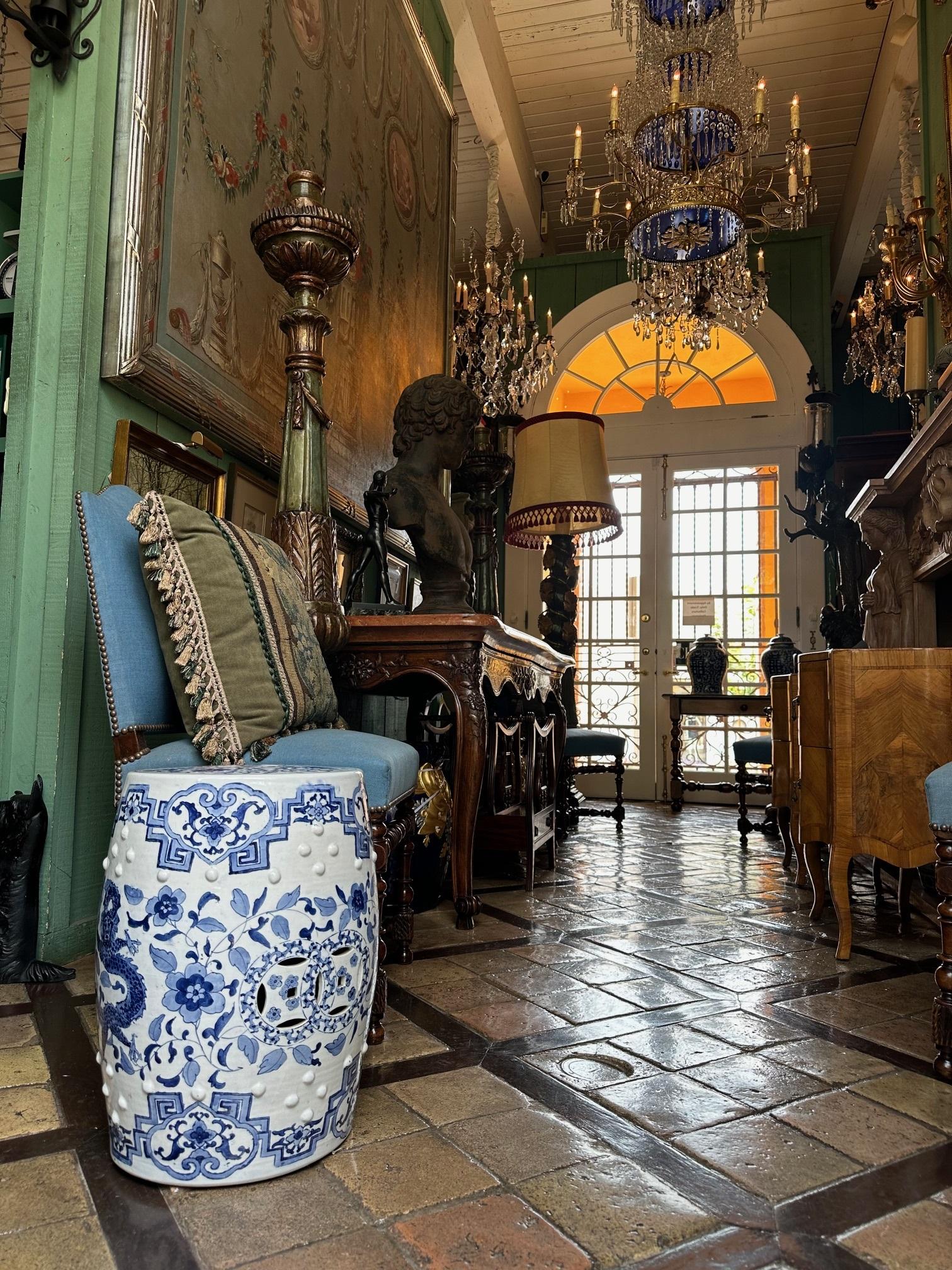 19th C. Chinese Porcelain Garden Seat Blue & White Accent Stool Chinoiserie 10