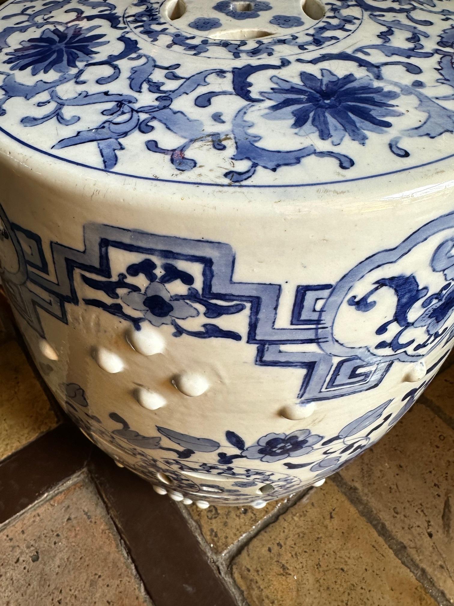 19th C. Chinese Porcelain Garden Seat Blue & White Accent Stool Chinoiserie porcelain 

A beautiful garden seat circular form with alternating scrolls leaves and floral scenes hearts Dragon and phoenix bird , with open-work. Flowering vines blue and