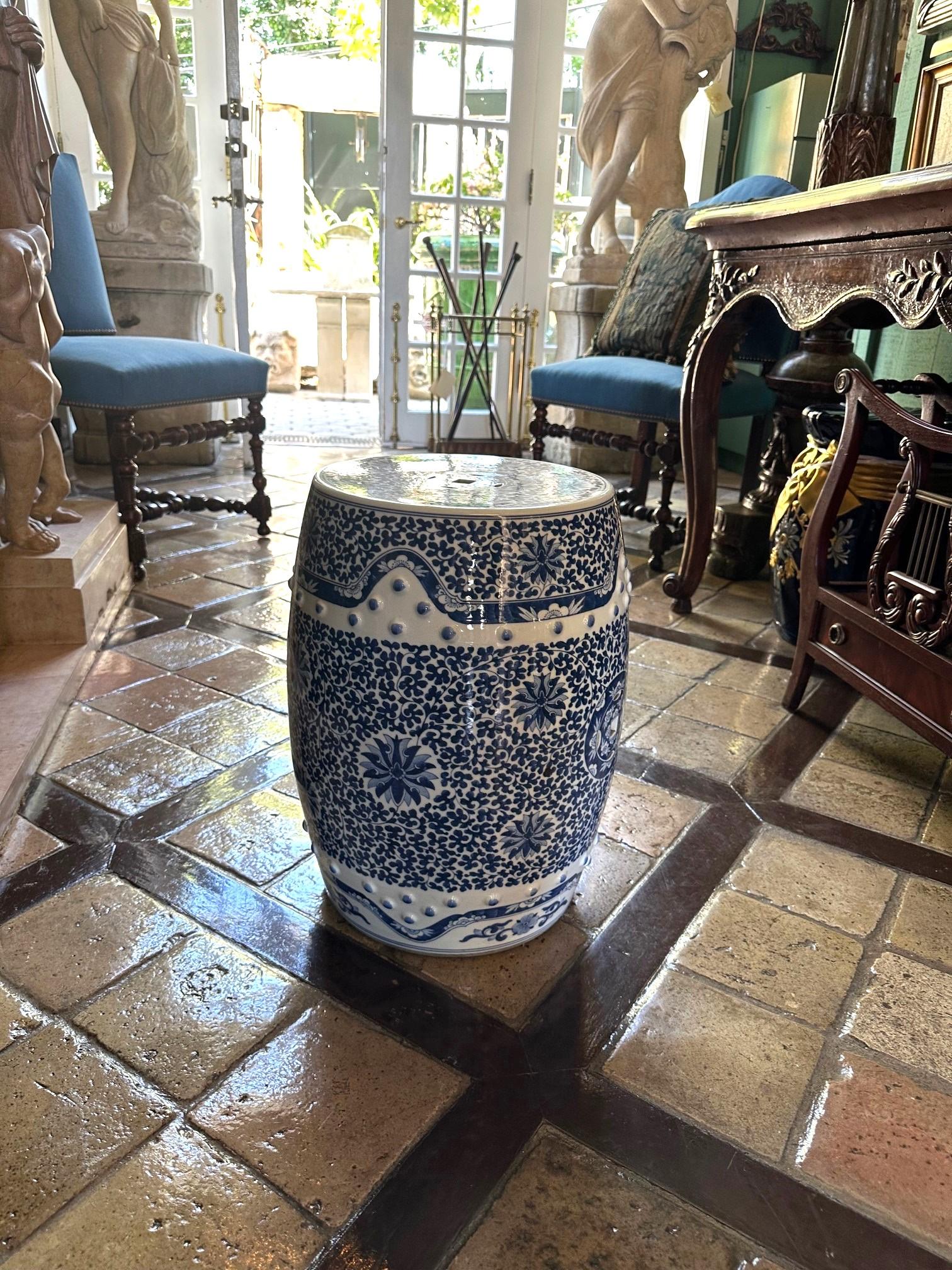 European 19th C. Chinese Porcelain Garden Seat Blue & White Accent Stool Chinoiserie