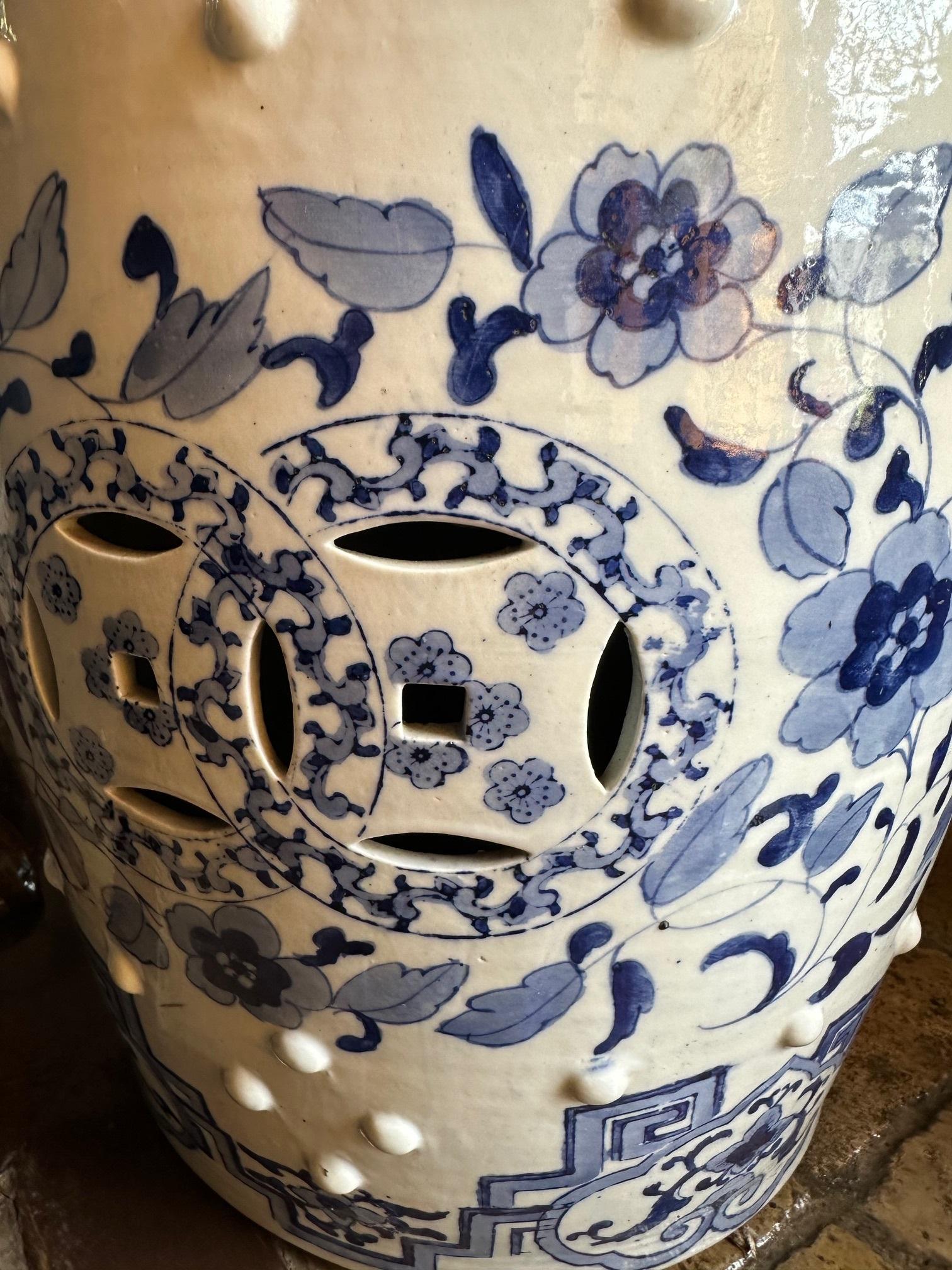 European 19th C. Chinese Porcelain Garden Seat Blue & White Accent Stool Chinoiserie