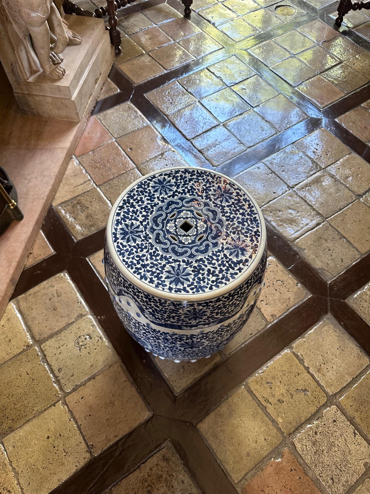 Hand-Crafted 19th C. Chinese Porcelain Garden Seat Blue & White Accent Stool Chinoiserie