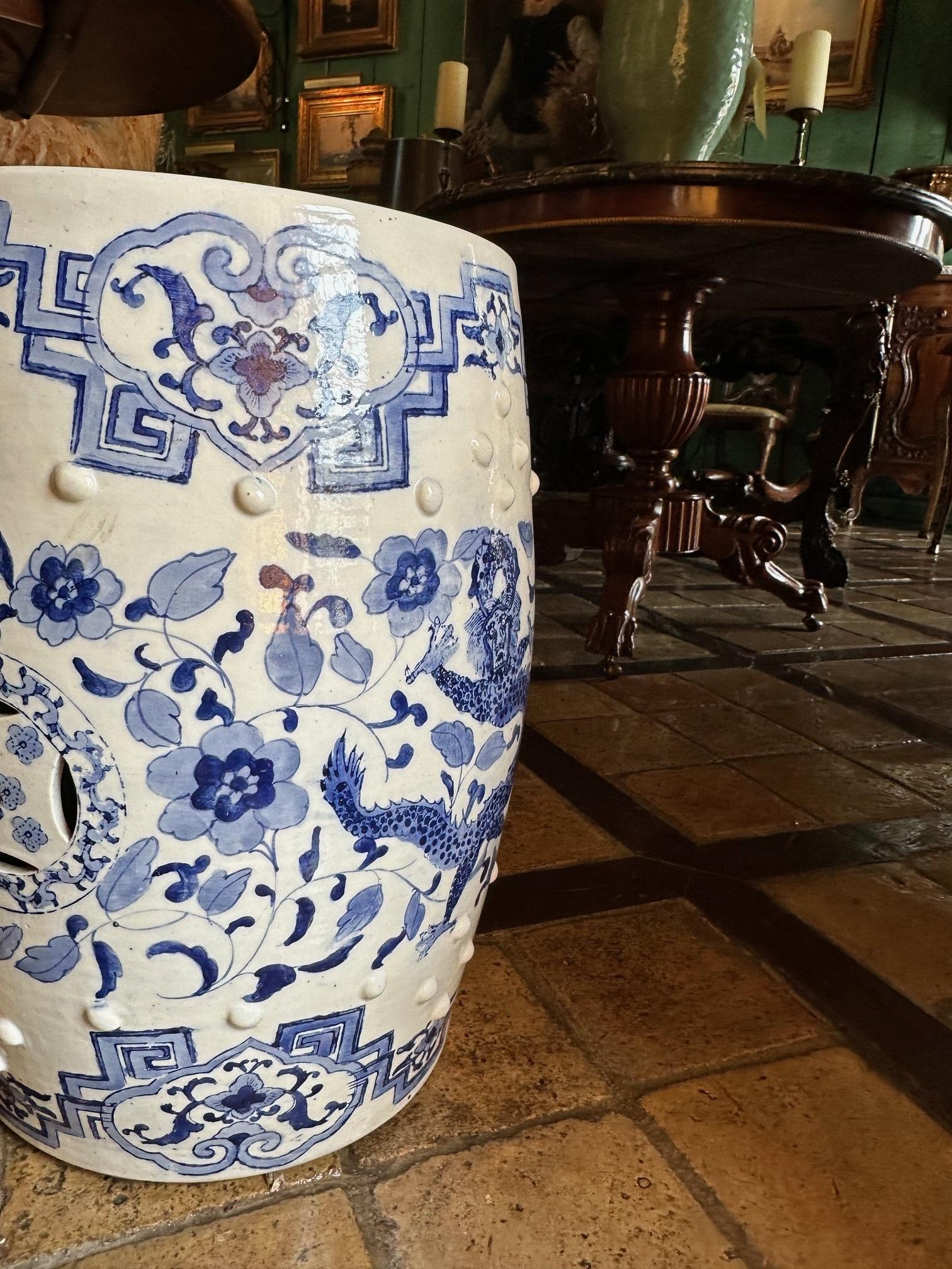 Hand-Crafted 19th C. Chinese Porcelain Garden Seat Blue & White Accent Stool Chinoiserie