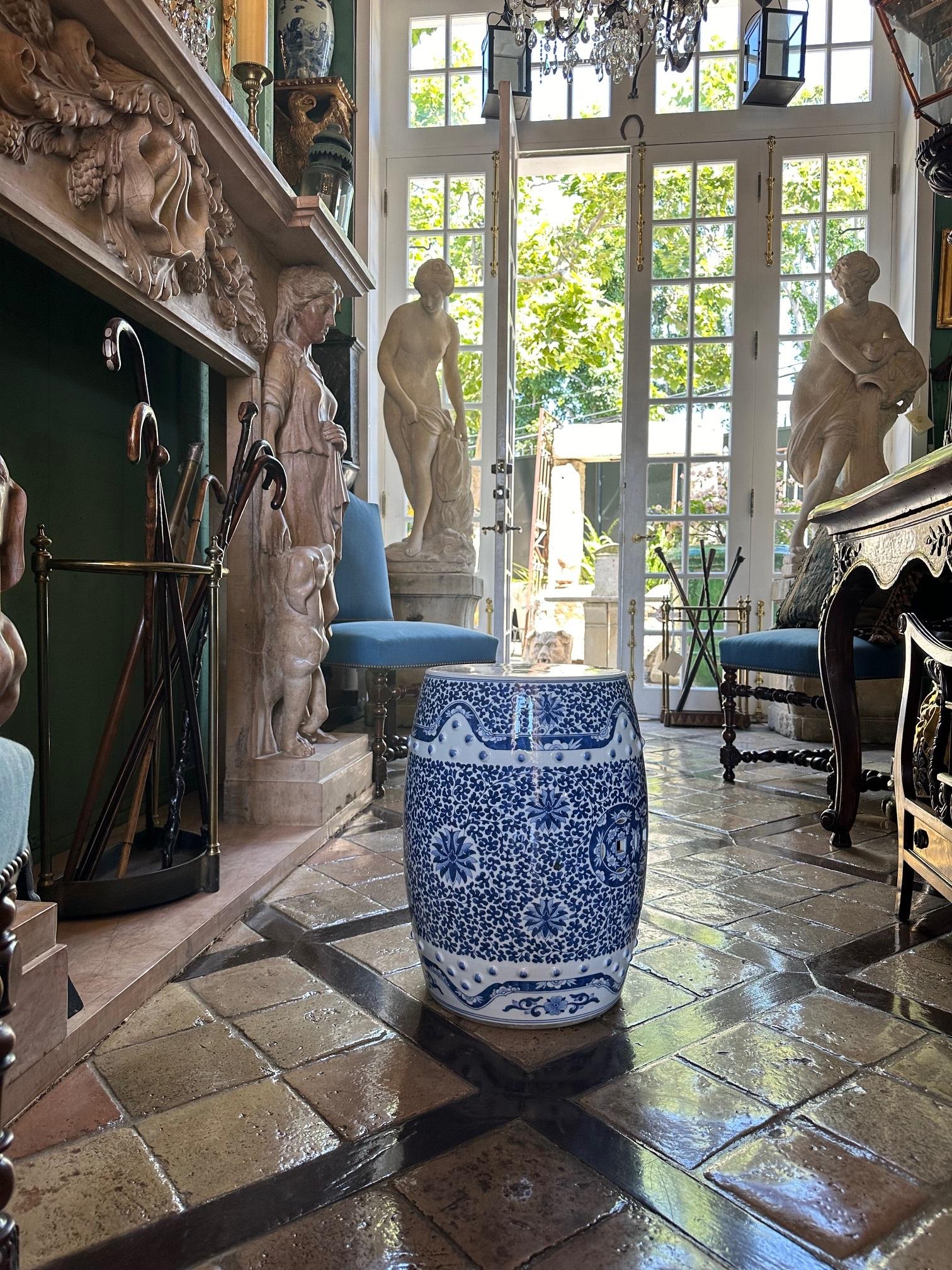 19th Century 19th C. Chinese Porcelain Garden Seat Blue & White Accent Stool Chinoiserie