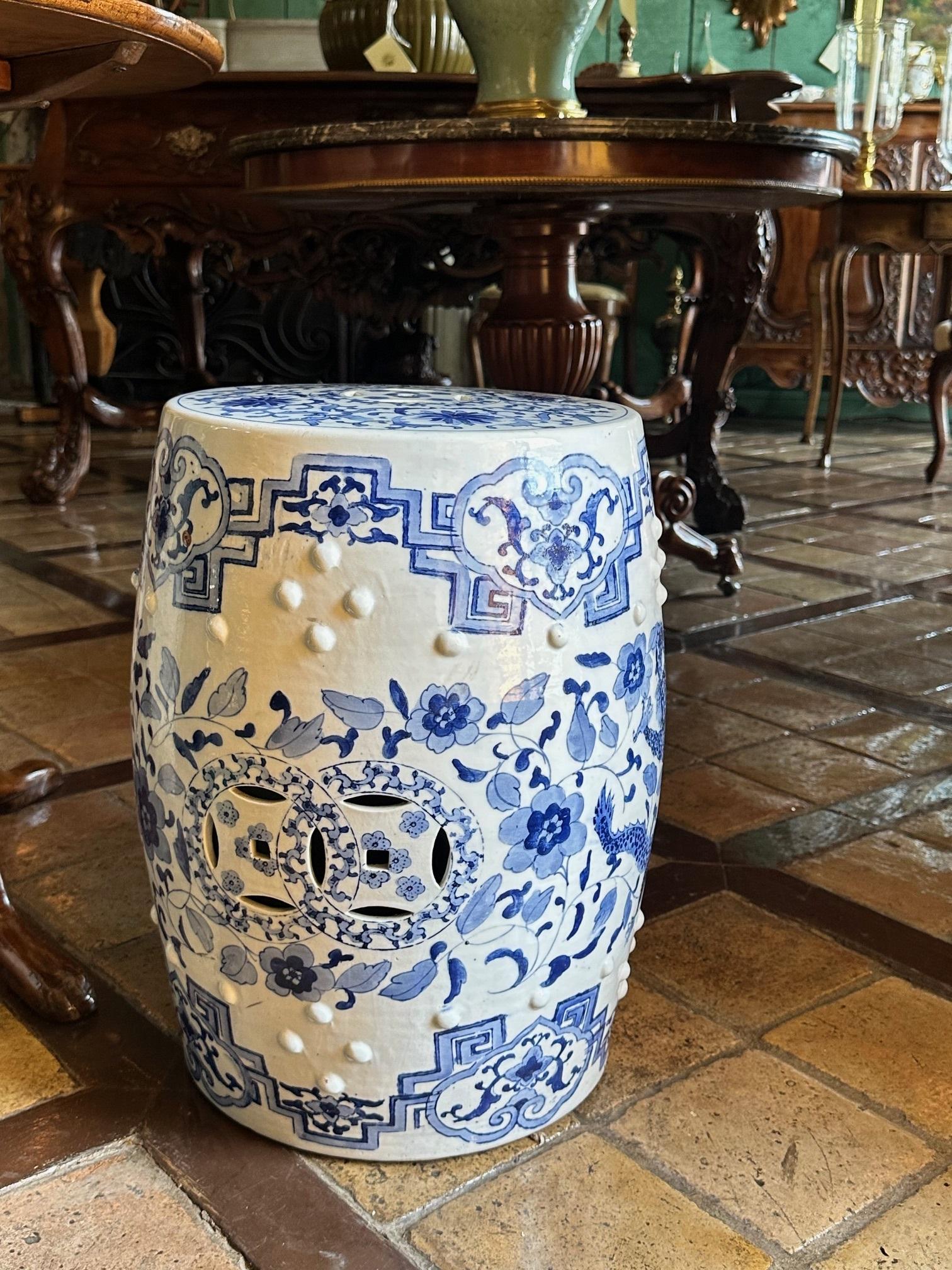 19th Century 19th C. Chinese Porcelain Garden Seat Blue & White Accent Stool Chinoiserie
