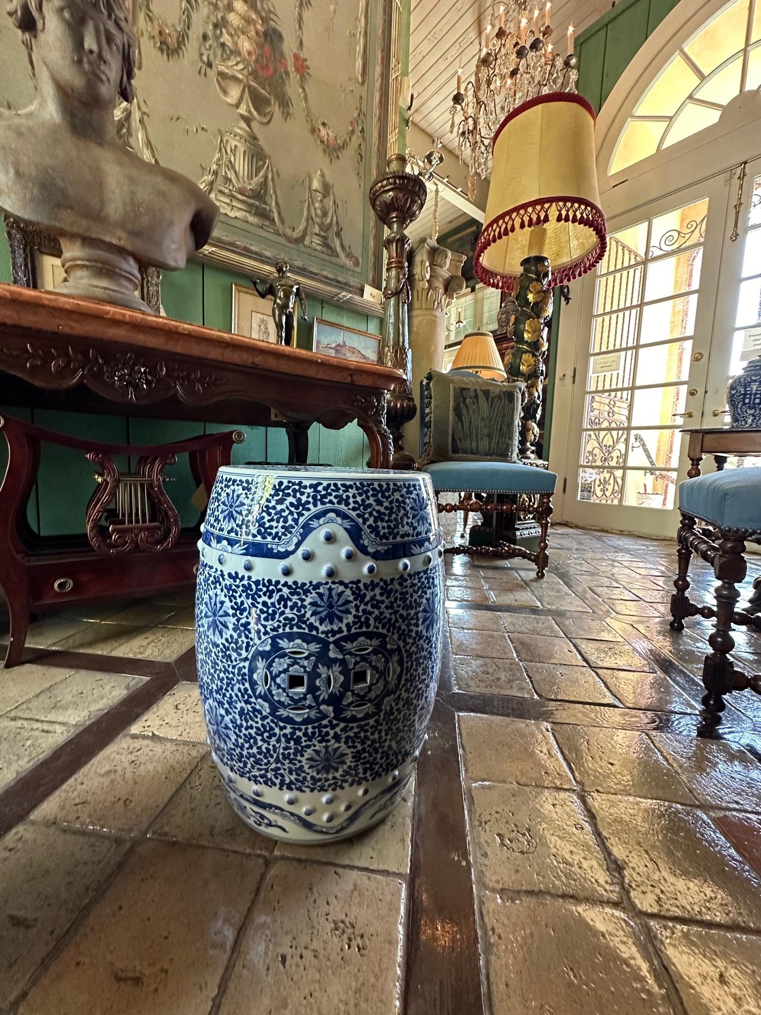 19th C. Chinese Porcelain Garden Seat Blue & White Accent Stool Chinoiserie 3