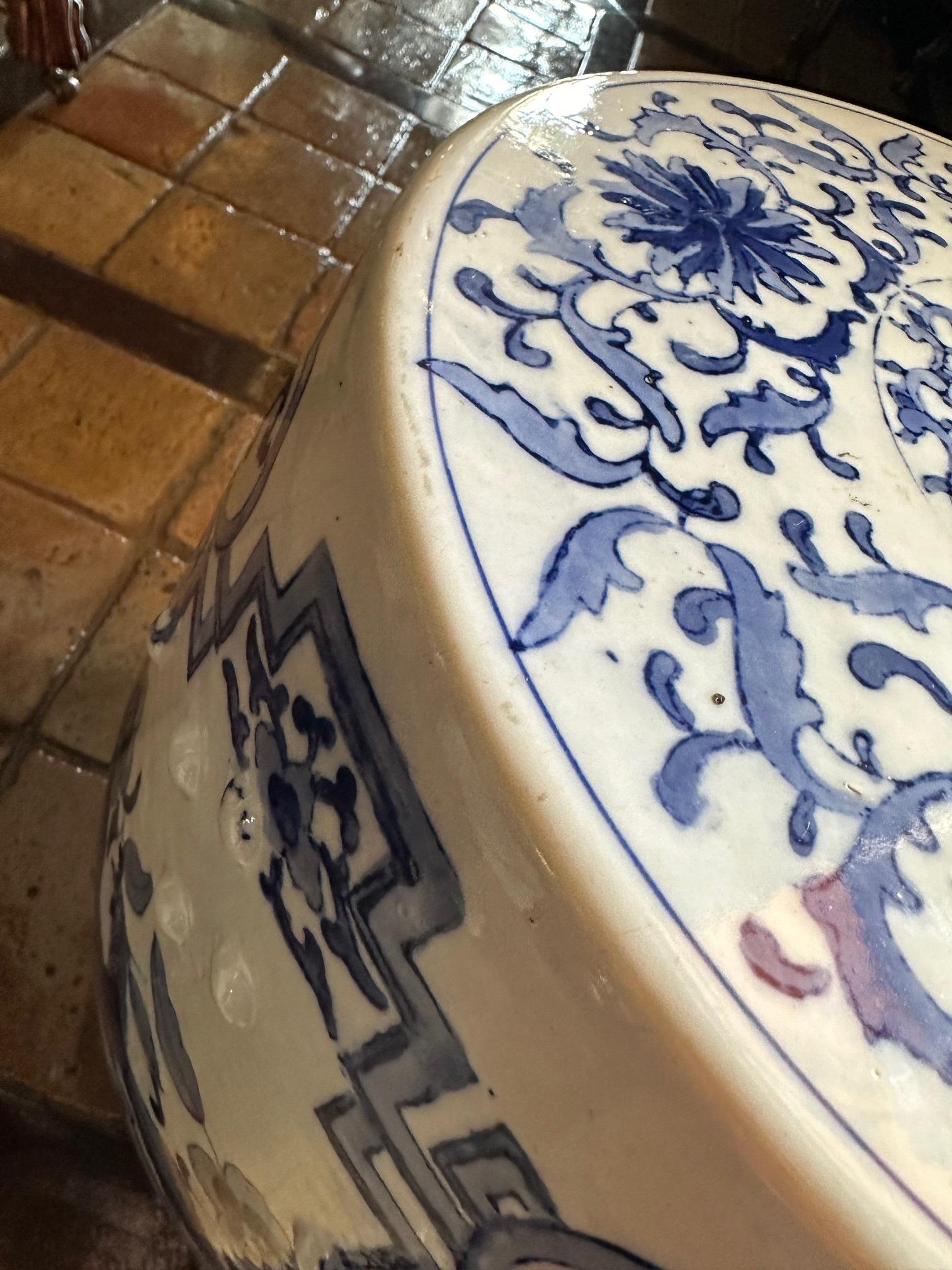 19th C. Chinese Porcelain Garden Seat Blue & White Accent Stool Chinoiserie 3