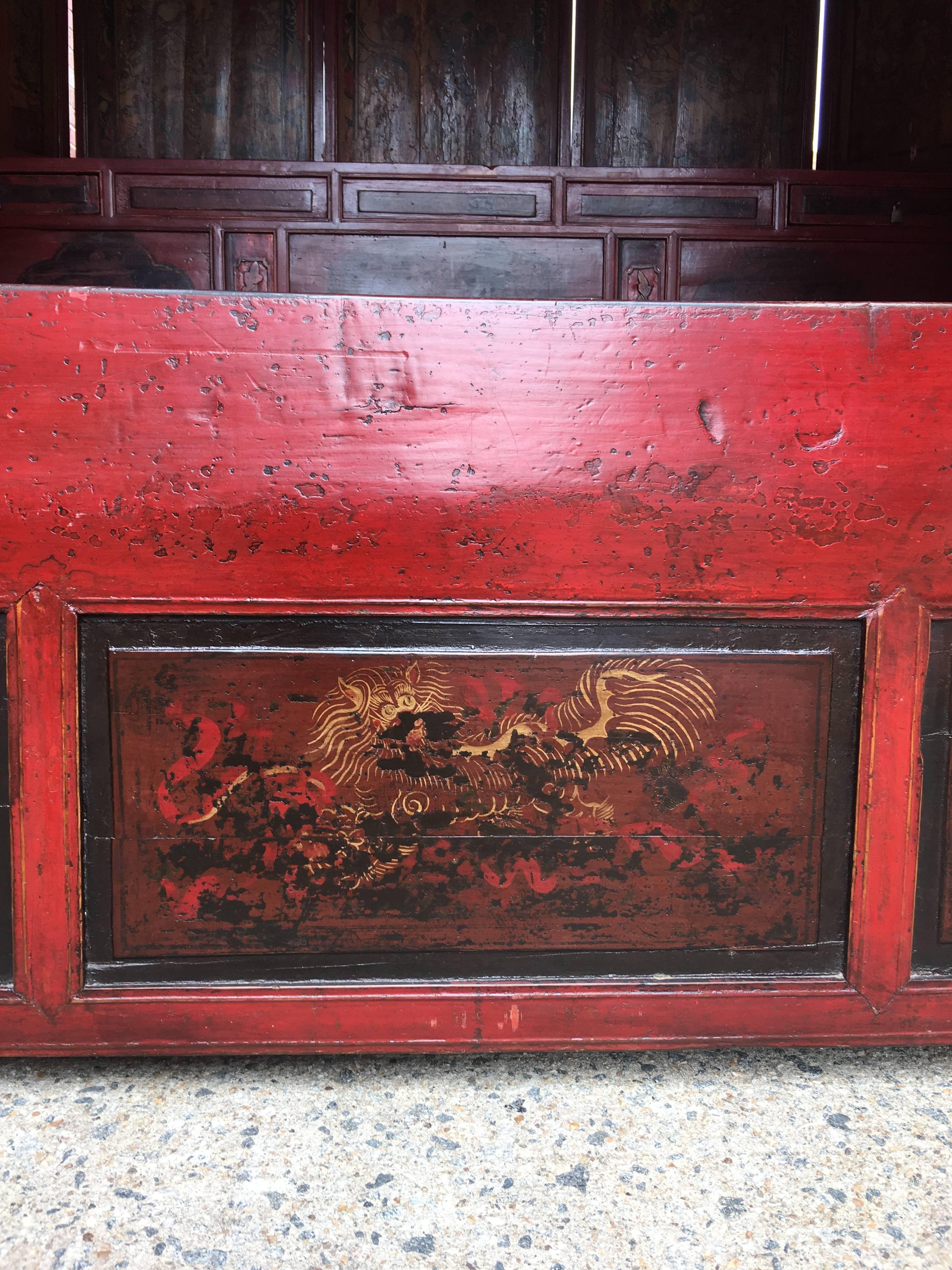 19th Century Ornate Chinese Red Lacquered Opium Canopy Bed In Good Condition For Sale In Richmond, VA