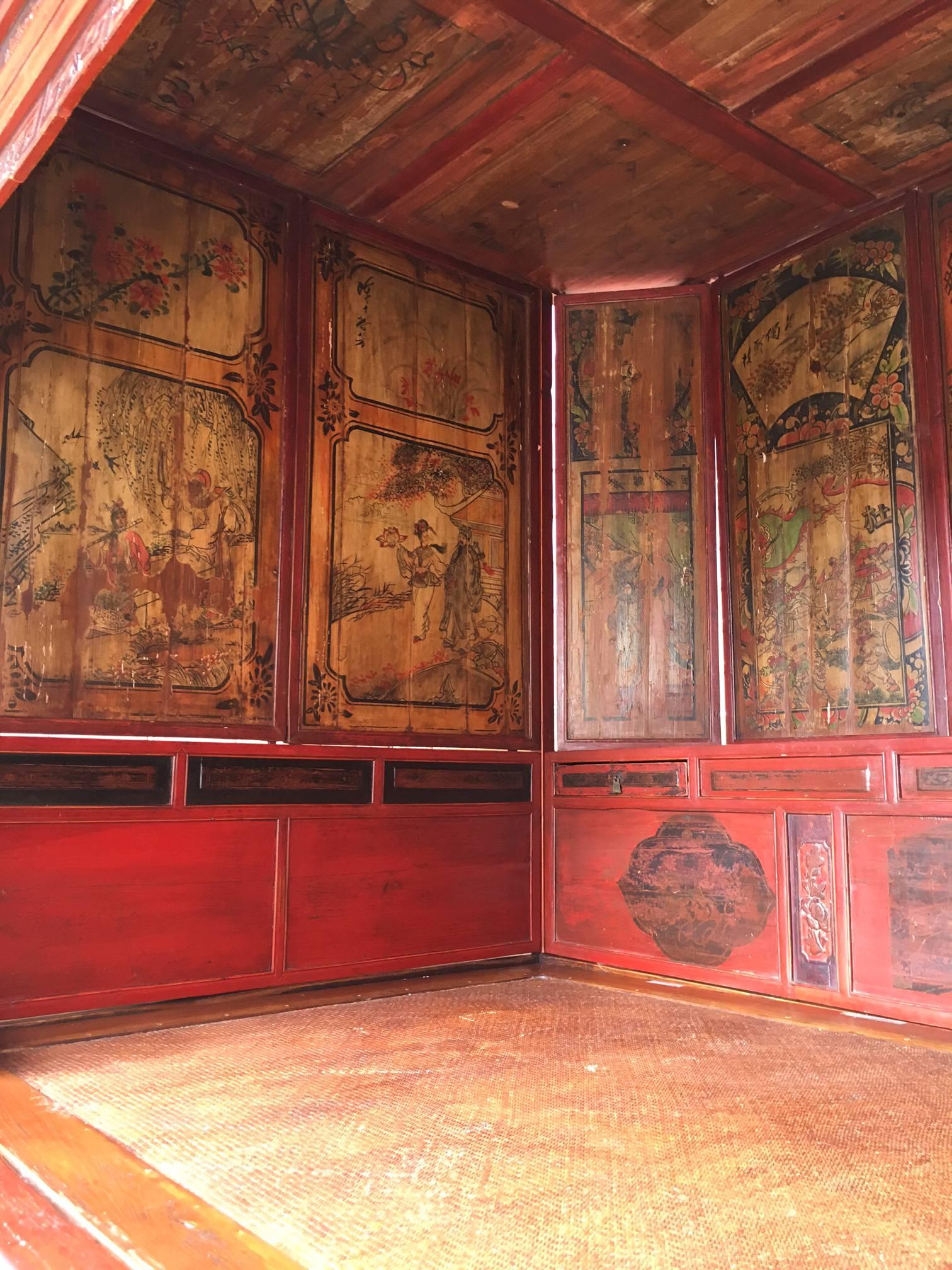 19th Century Ornate Chinese Red Lacquered Opium Canopy Bed For Sale 1