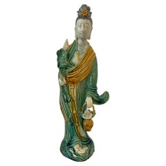 19Th C. Chinese Sancay Glazed Pottery Figure of Guanyin