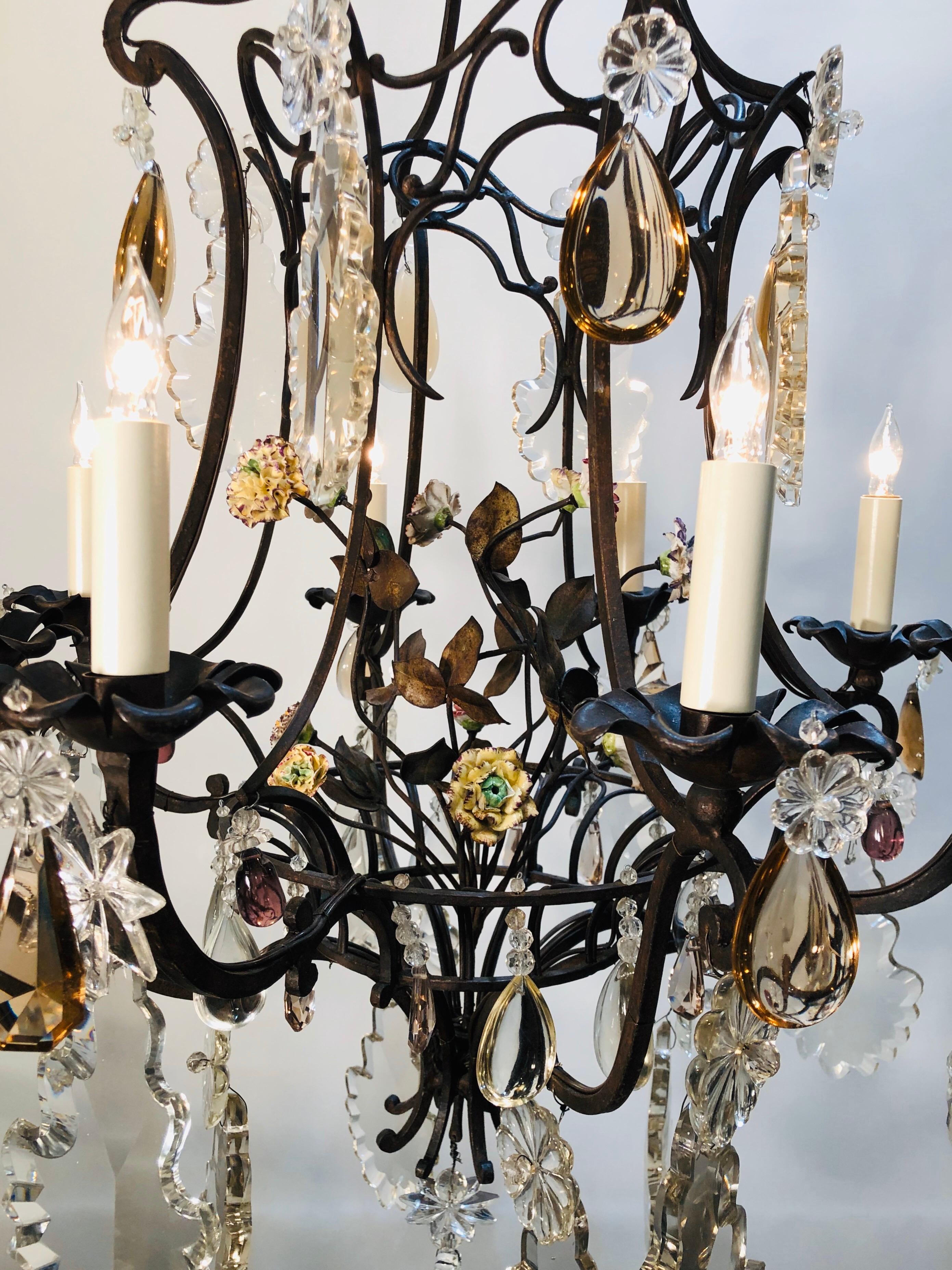 French 19th Century Chinoiserie Iron Chandelier with Pagoda Top and Crystal Prisms