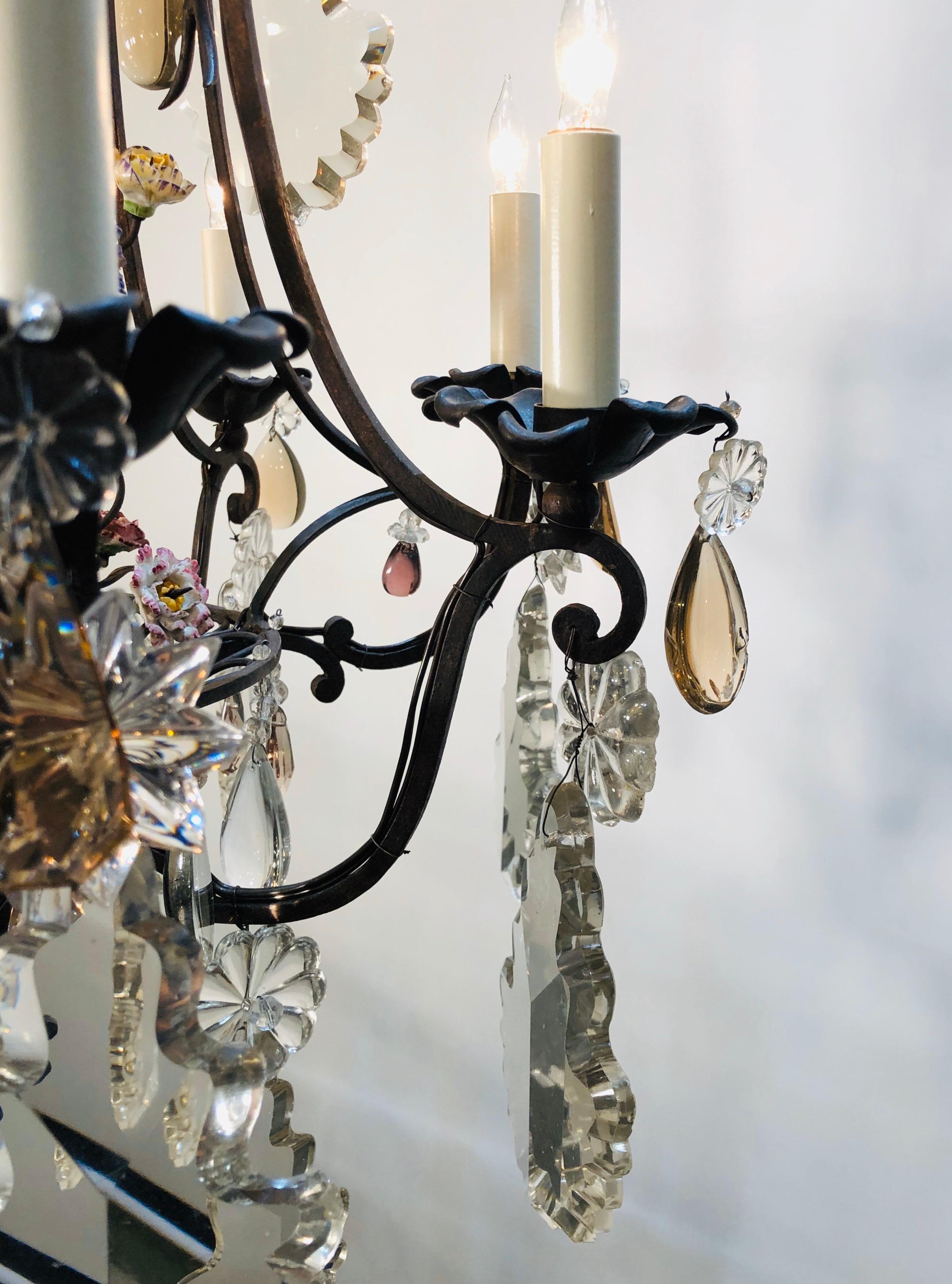 19th Century Chinoiserie Iron Chandelier with Pagoda Top and Crystal Prisms 1