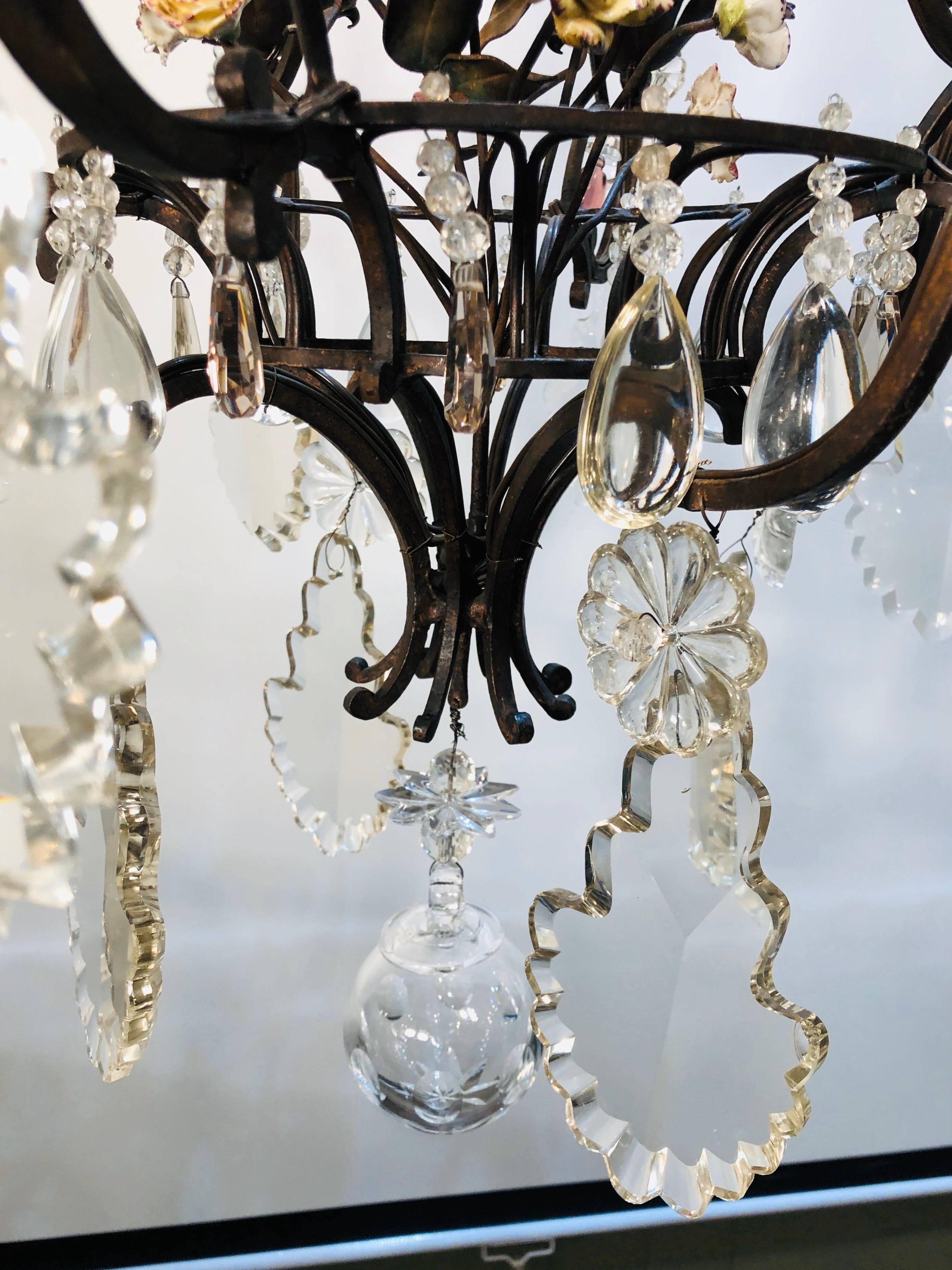 19th Century Chinoiserie Iron Chandelier with Pagoda Top and Crystal Prisms 2