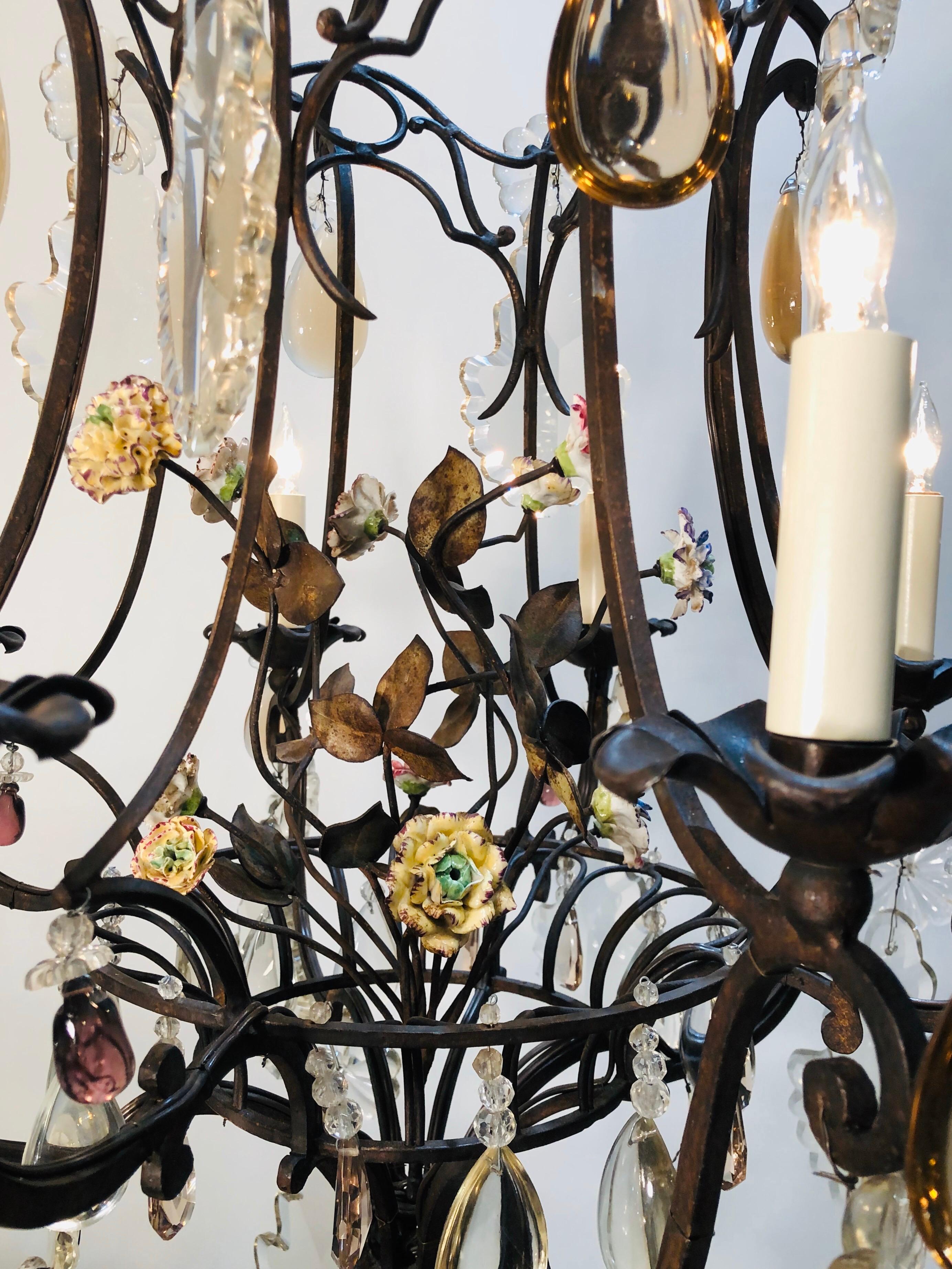 19th Century Chinoiserie Iron Chandelier with Pagoda Top and Crystal Prisms 3