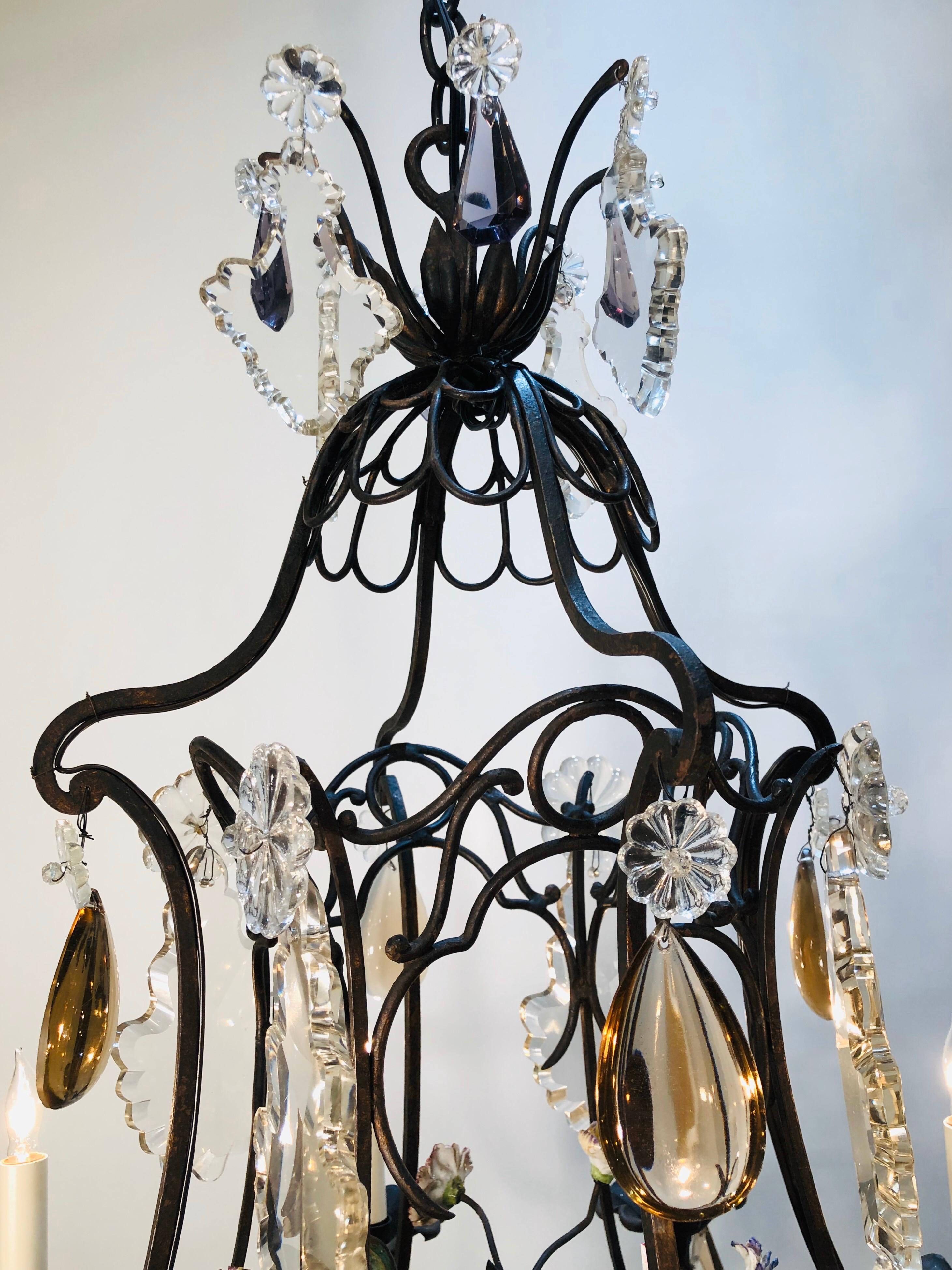 19th Century Chinoiserie Iron Chandelier with Pagoda Top and Crystal Prisms 4