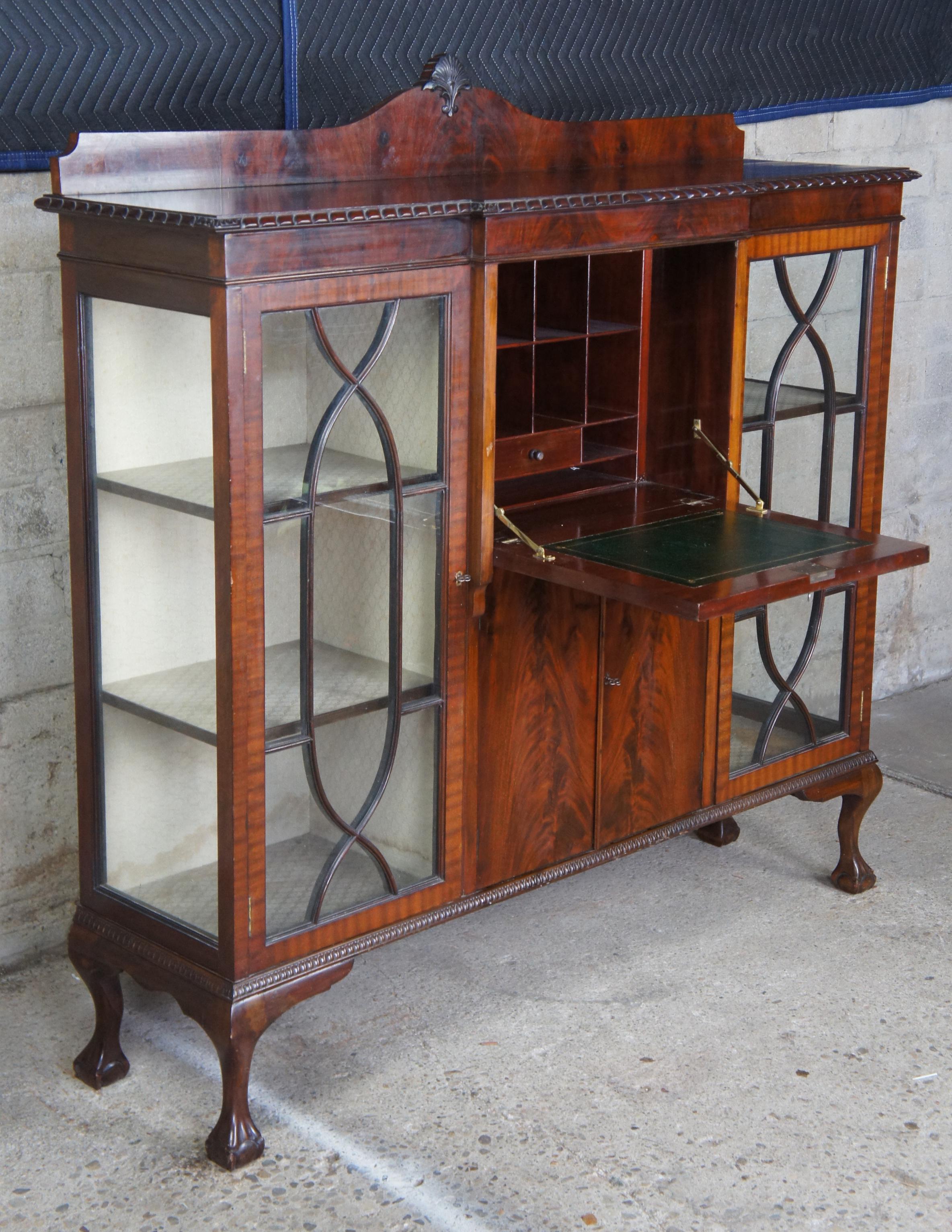 19th Century 19th C. Chippendale Flame Mahogany Bookcase Side Secretary Desk Curio Cabinet