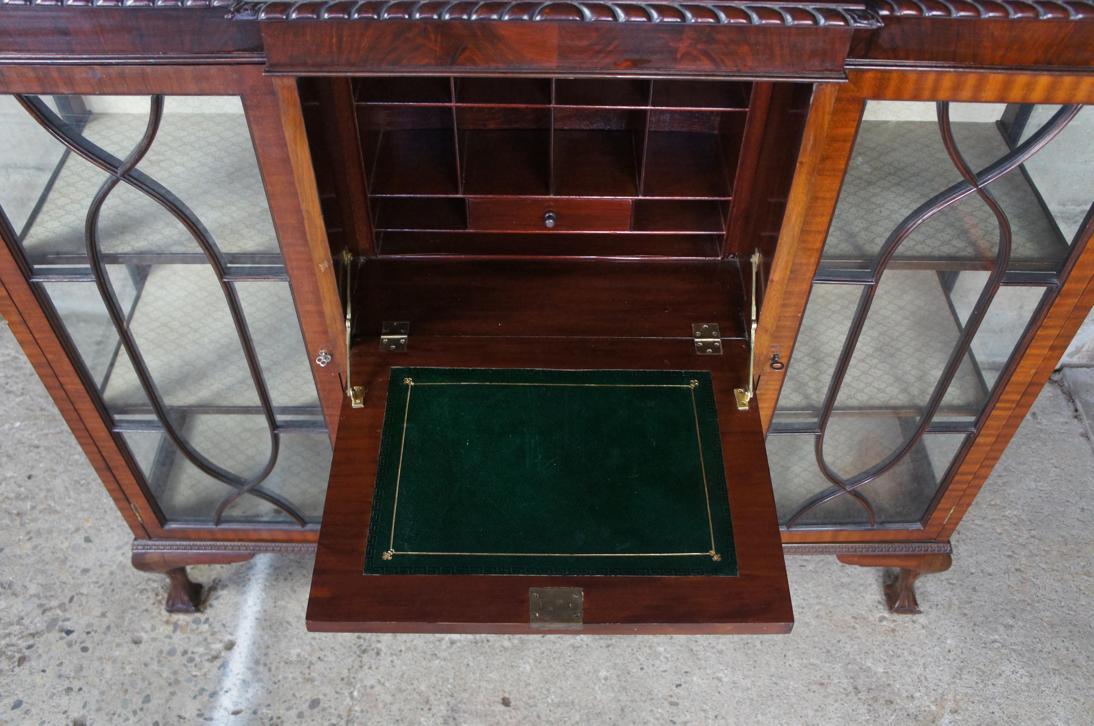 Glass 19th C. Chippendale Flame Mahogany Bookcase Side Secretary Desk Curio Cabinet
