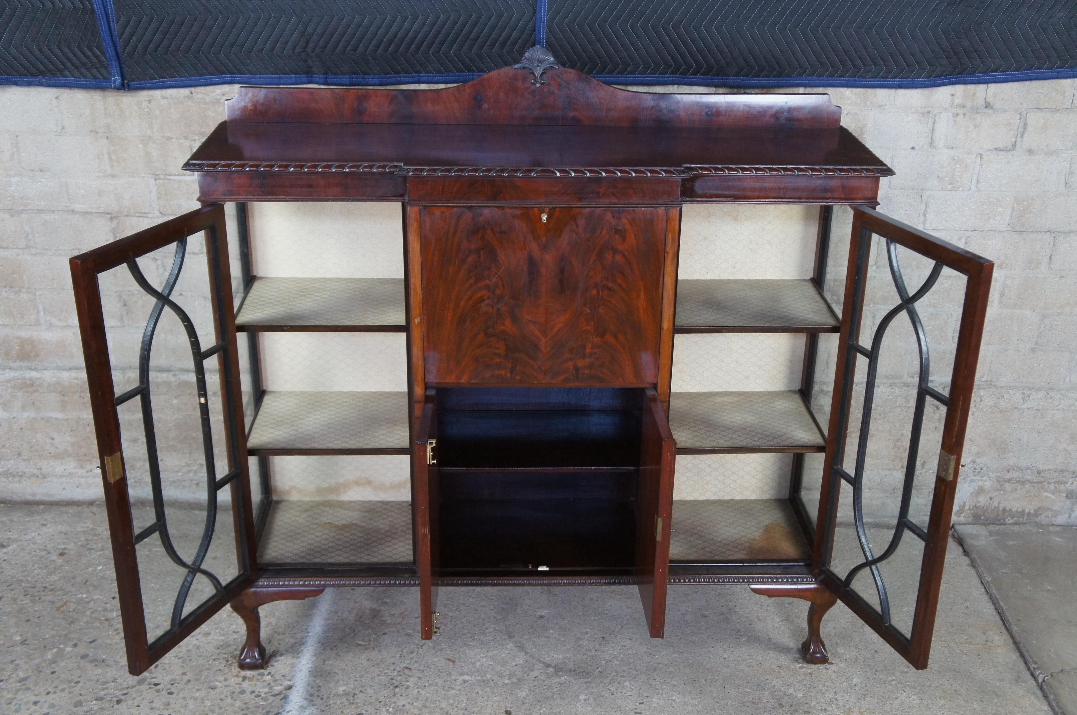 19th C. Chippendale Flame Mahogany Bookcase Side Secretary Desk Curio Cabinet 1