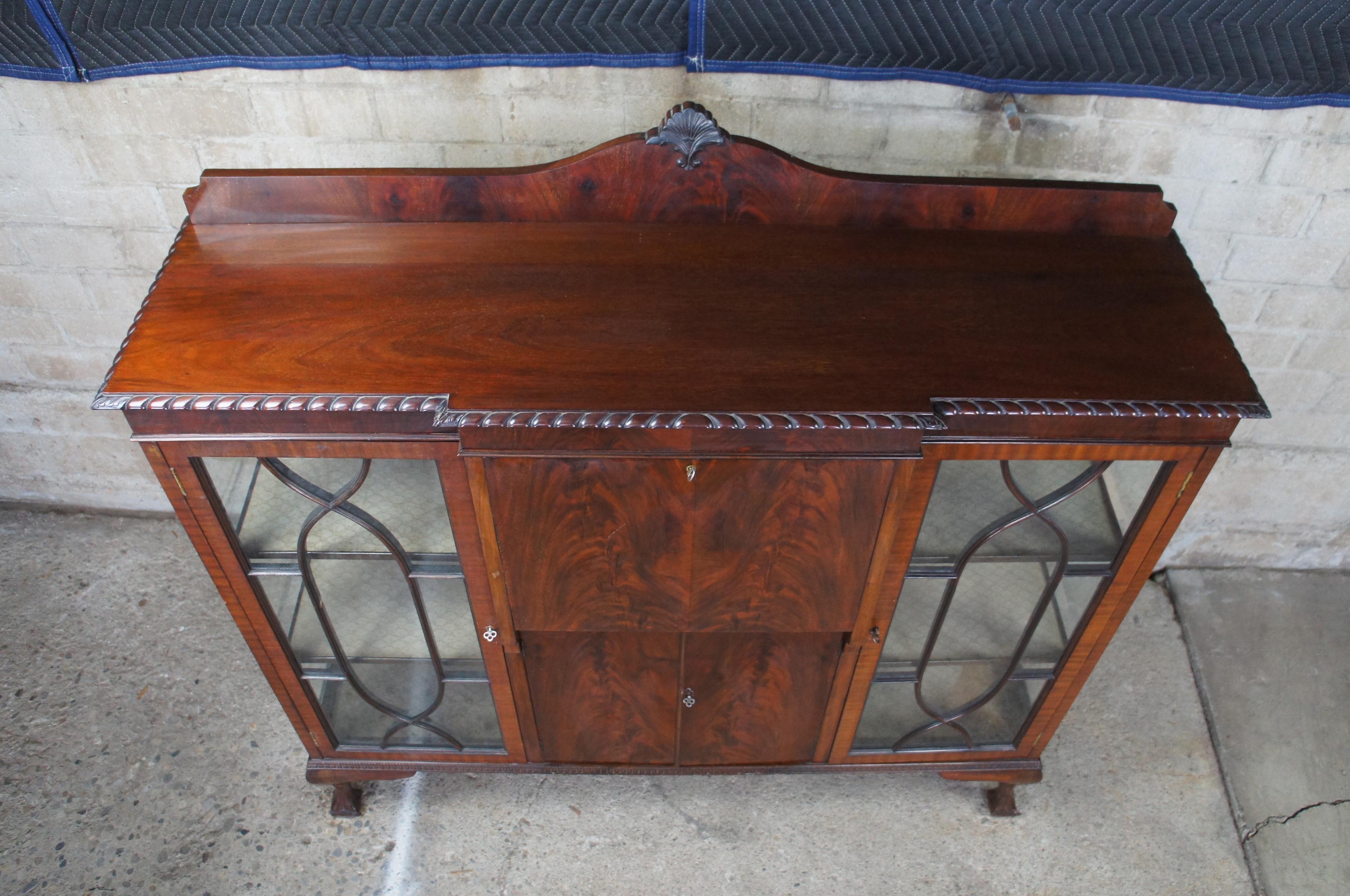 19th C. Chippendale Flame Mahogany Bookcase Side Secretary Desk Curio Cabinet 3