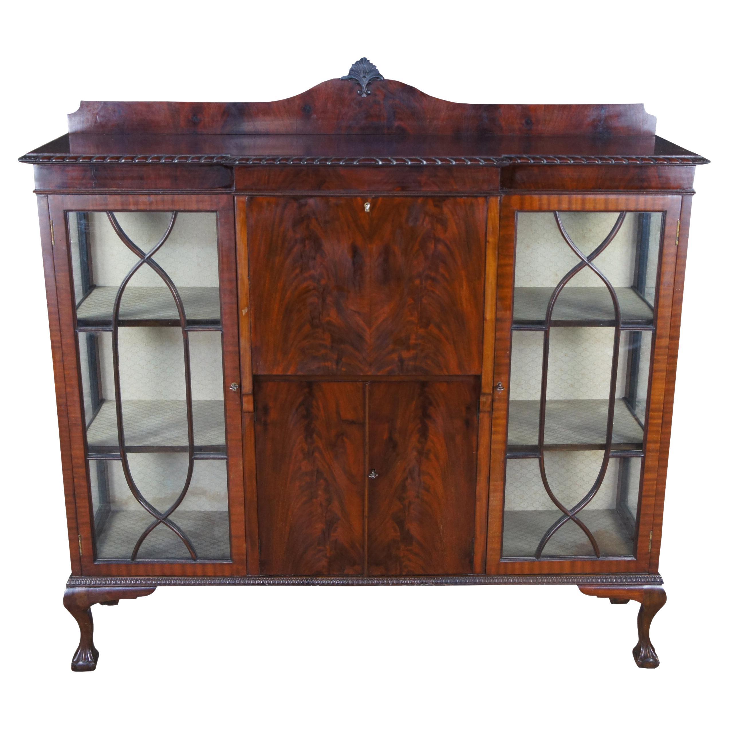 19th C. Chippendale Flame Mahogany Bookcase Side Secretary Desk Curio Cabinet