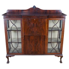 19th C. Chippendale Flame Mahogany Bookcase Side Secretary Desk Curio Cabinet