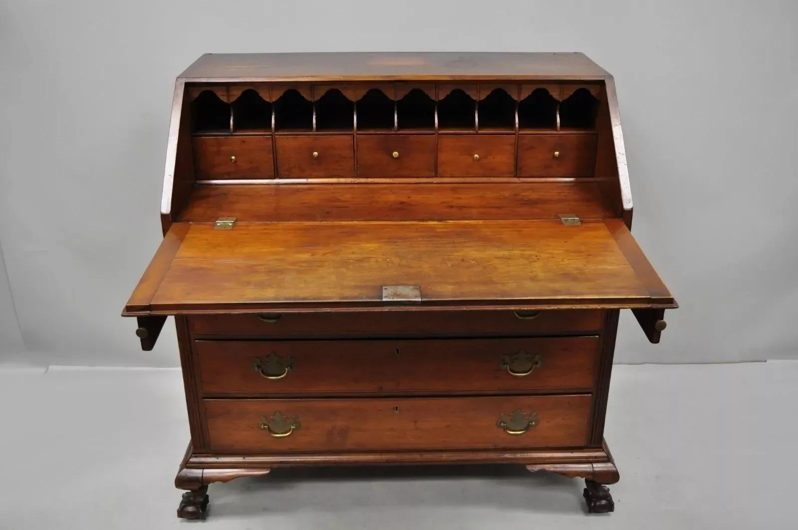 19th Century 19th C. Chippendale Style Mahogany Slant Front Carved Ball & Claw Secretary Desk For Sale