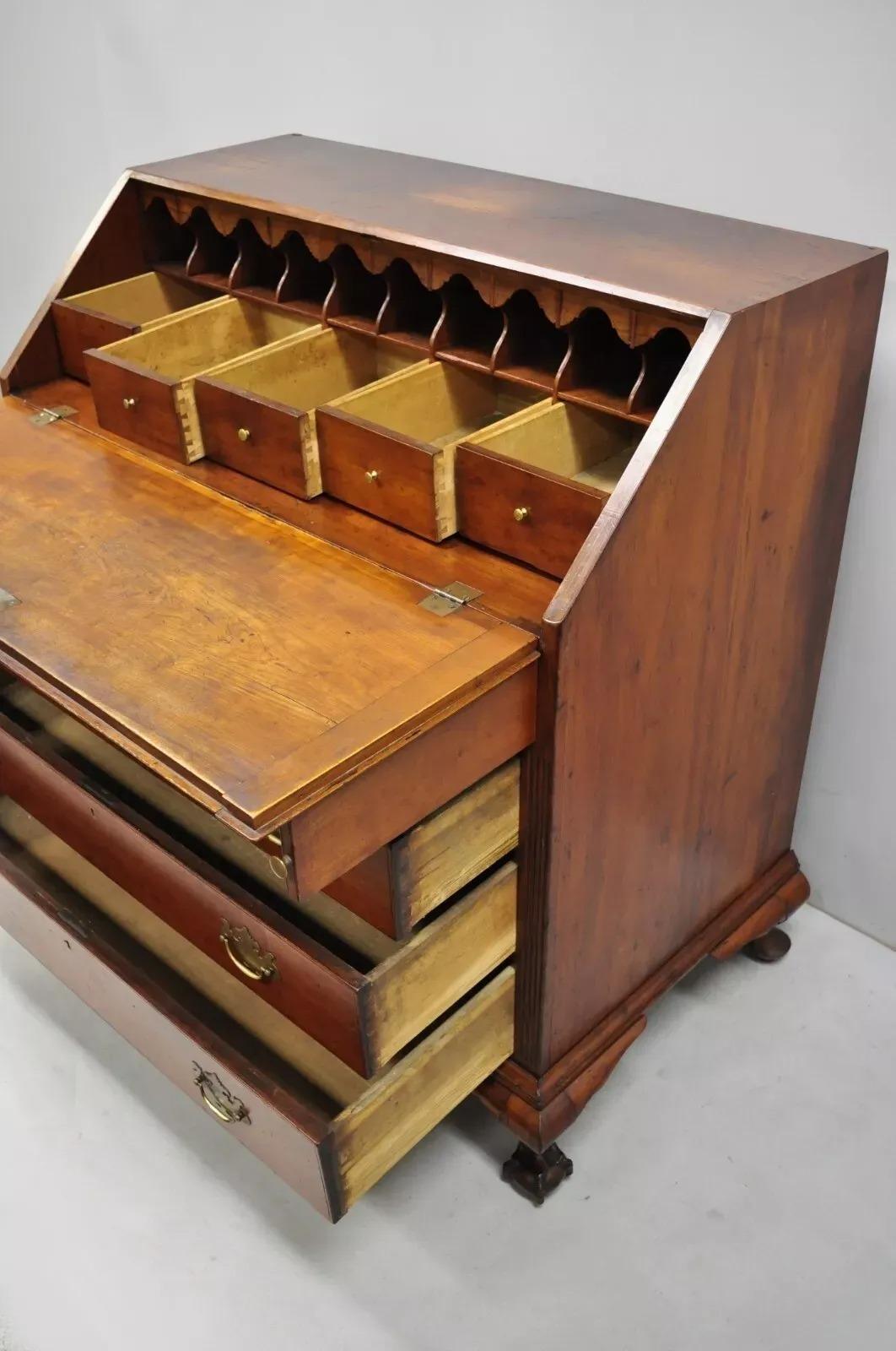 19th C. Chippendale Style Mahogany Slant Front Carved Ball & Claw Secretary Desk For Sale 1