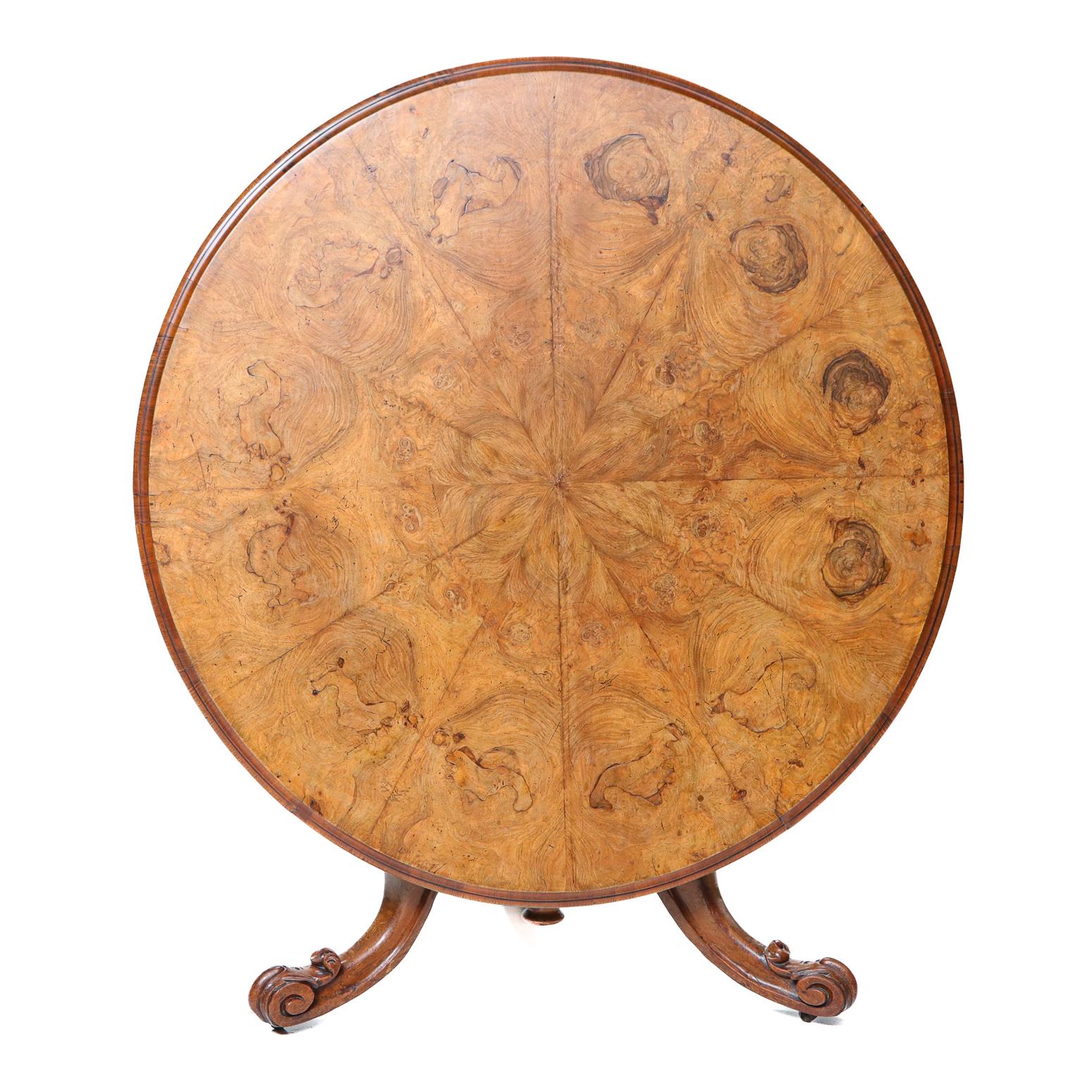 Victorian 19th C. Circular Walnut Tip Top Center Table with Burl Veneered Pie Crust Top For Sale