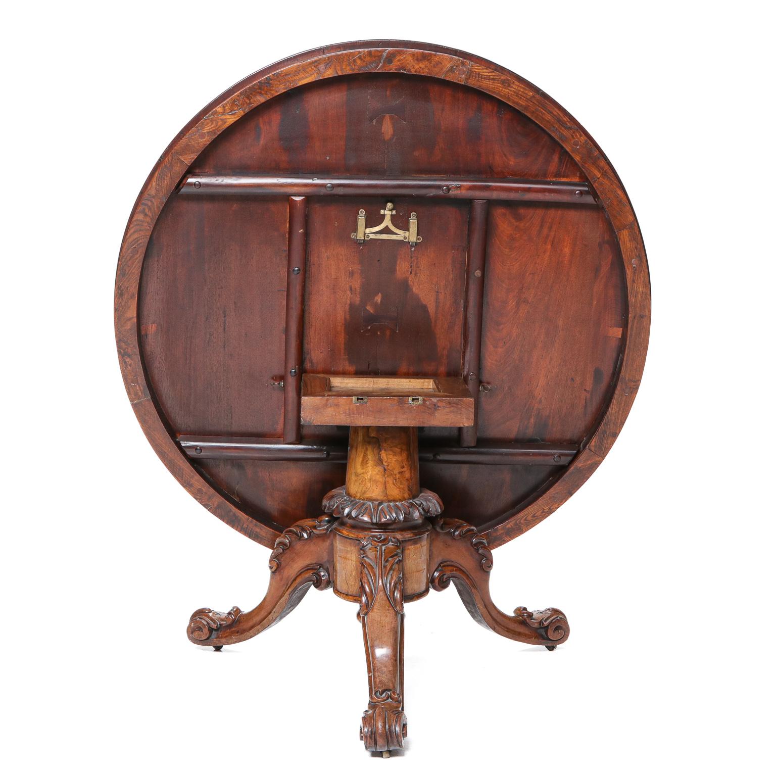 English 19th C. Circular Walnut Tip Top Center Table with Burl Veneered Pie Crust Top For Sale
