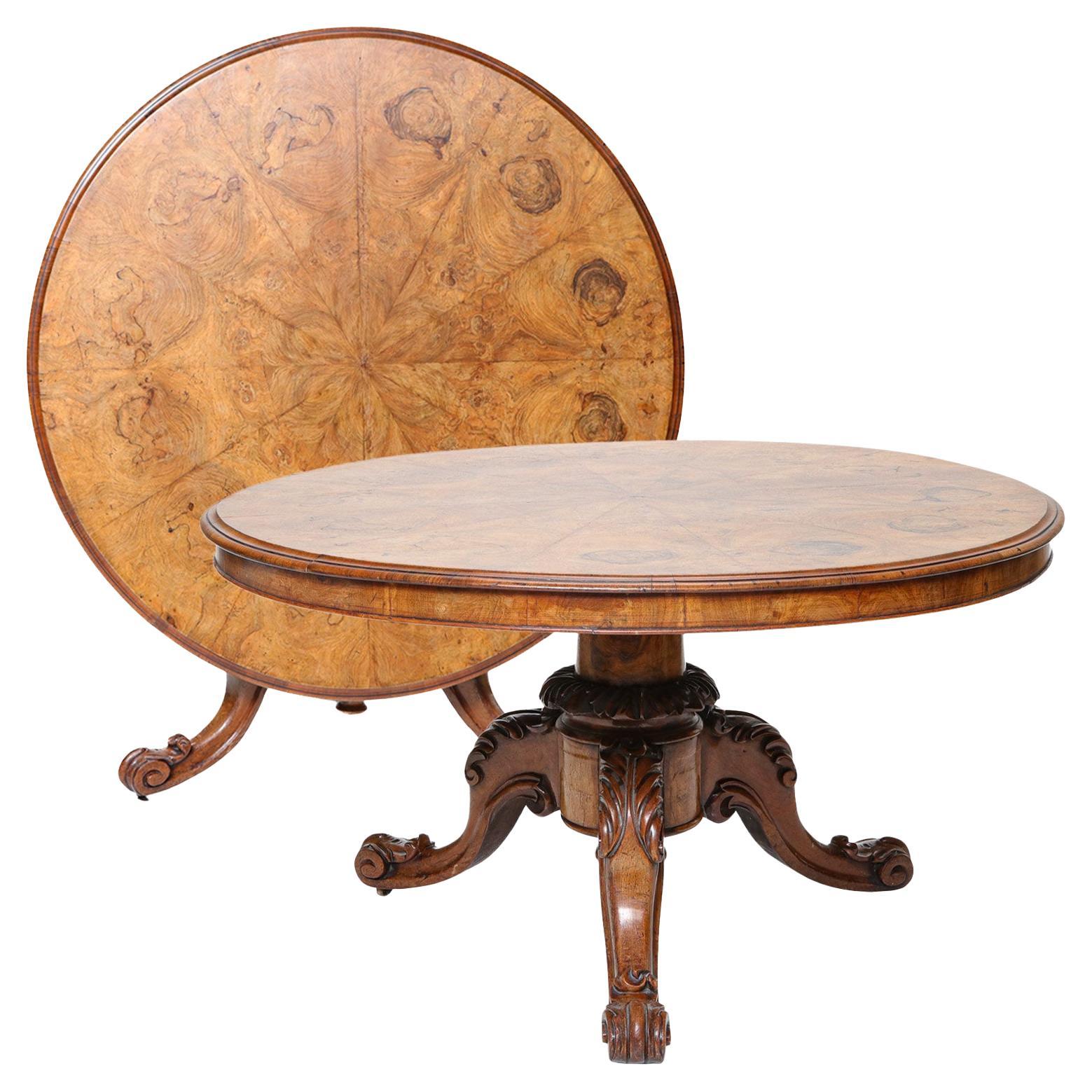 19th C. Circular Walnut Tip Top Center Table with Burl Veneered Pie Crust Top For Sale