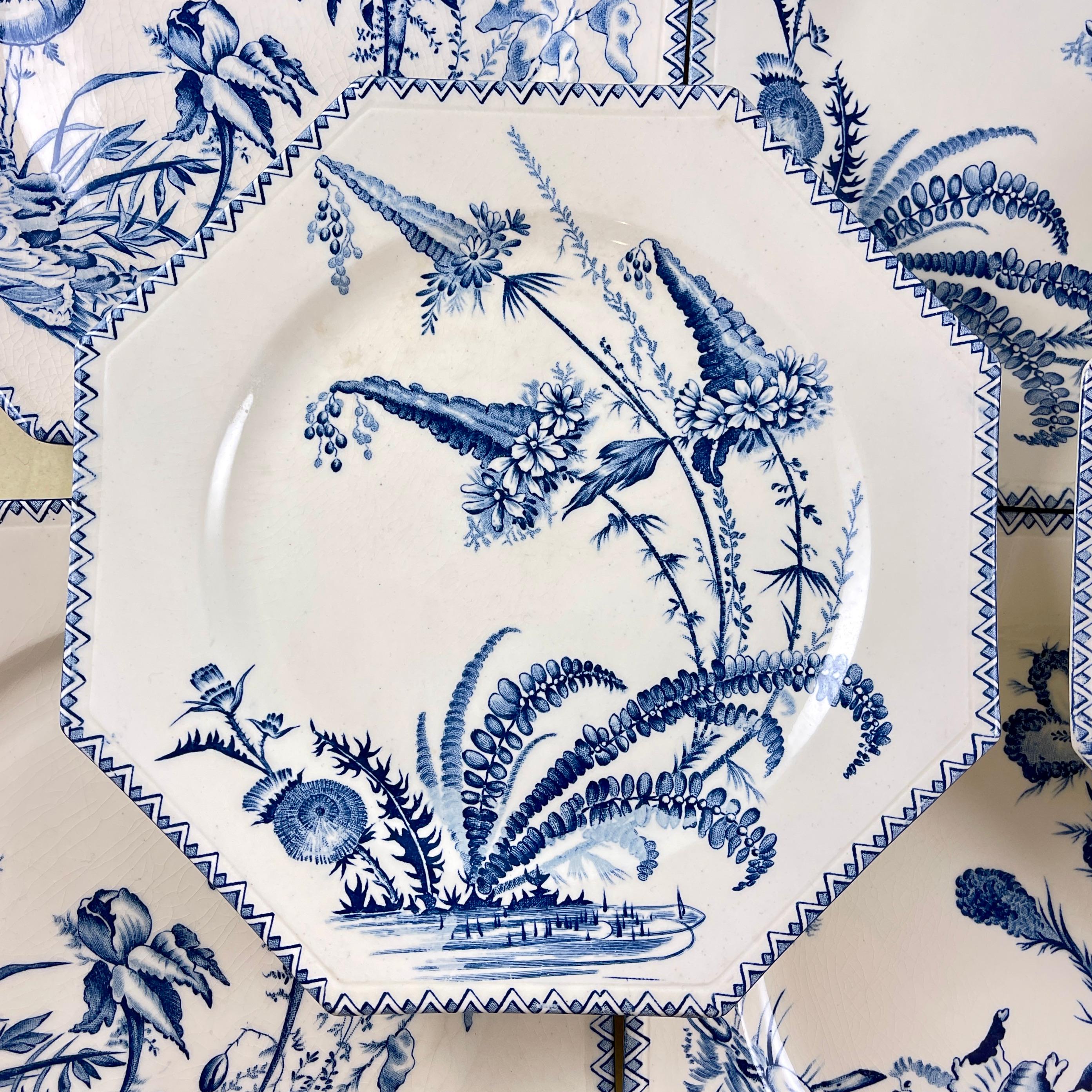 Glazed  19th C. Clairefontaine French Faïence Indiana Pattern Dinner Plates, set of 8