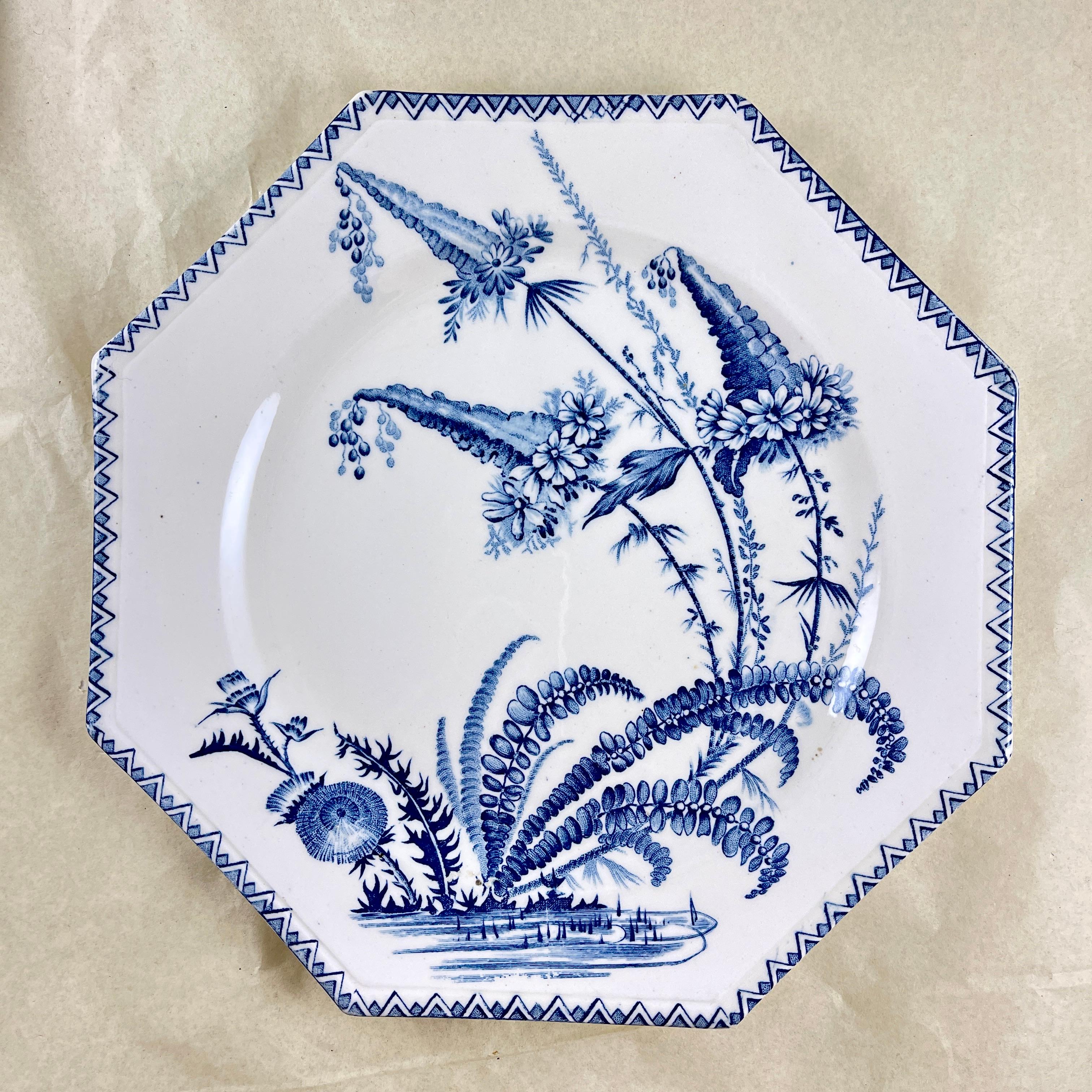 Earthenware  19th C. Clairefontaine French Faïence Indiana Pattern Dinner Plates, set of 8
