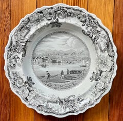 19th c. Clews Historical Brown Transferware Soup Plate Hudson River, New York
